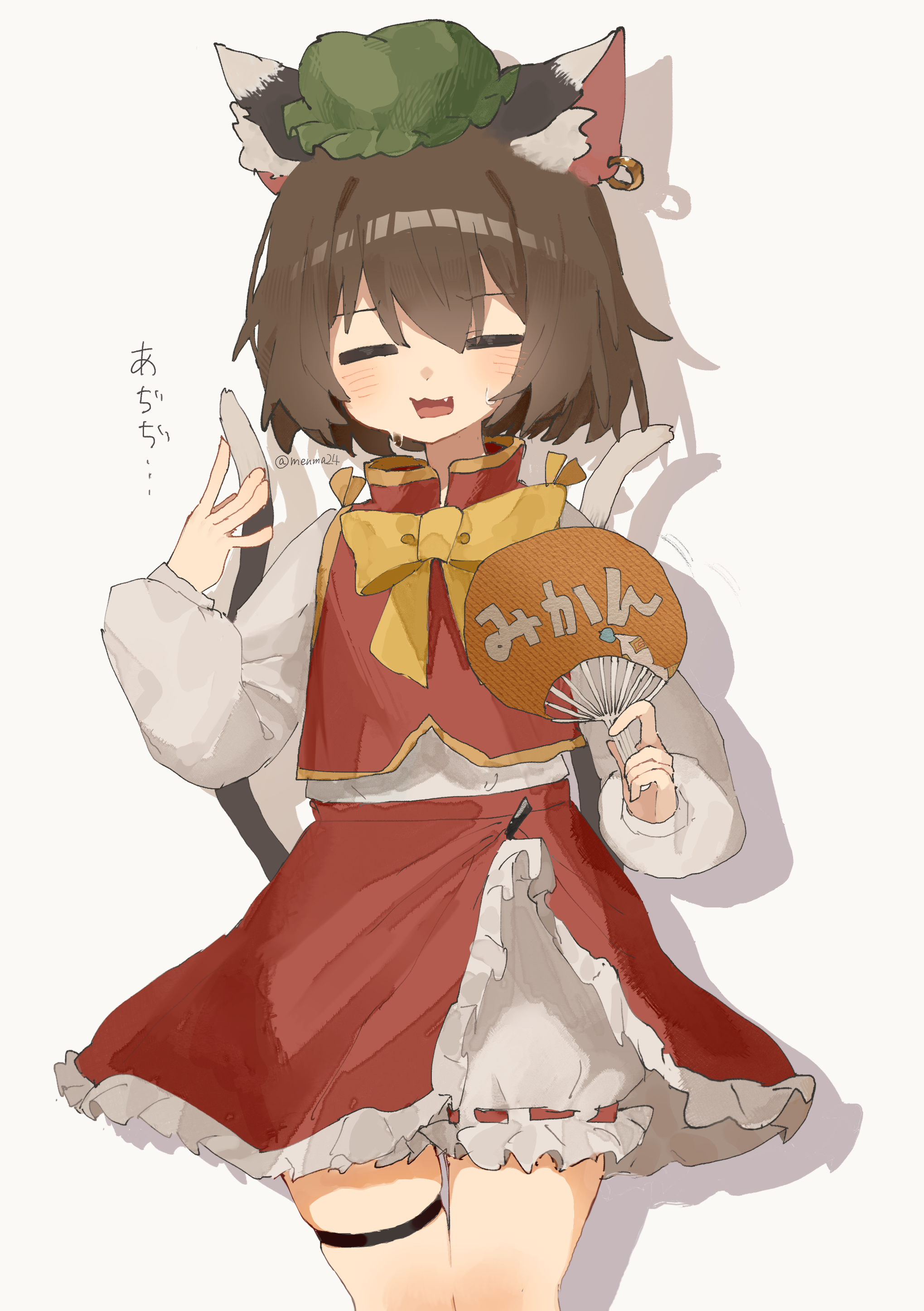 edamanecha, chen, touhou, absurdres, commentary, highres, 1girl, = =, ||/, animal ears, bloomers, blush, bow, bowtie, brown hair, cat ears, cat girl, cat tail, fang, feet out of frame, frilled hat, frills, green hat, hand fan, hat, holding, holding fan, hot, long sleeves, mini hat, mob cap, multiple tails, open mouth, petticoat, red skirt, red vest, shadow, shirt, short hair, skirt, skirt set, solo, sweat, tail, thigh strap, twitter username, two tails, underwear, vest, white bloomers, white shirt, yellow bow, yellow bowtie