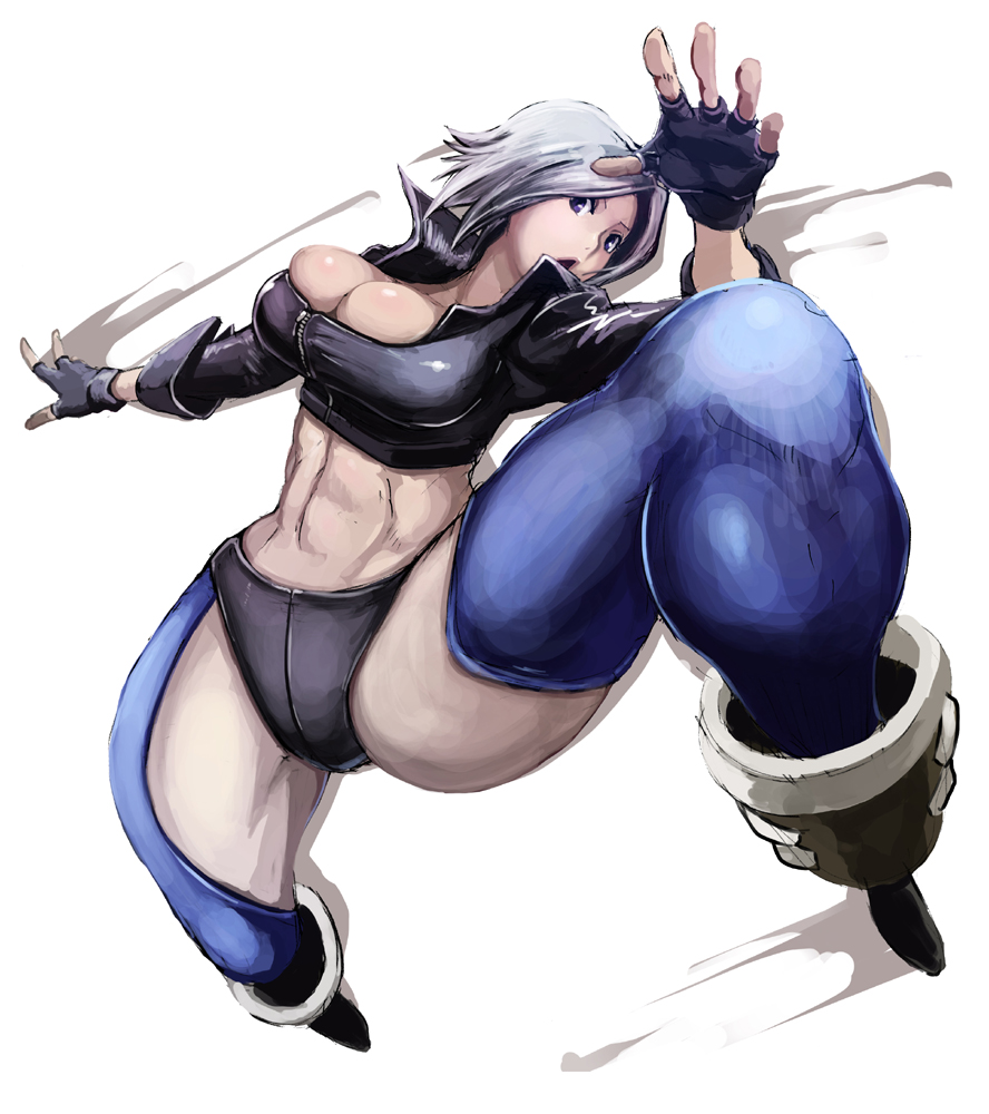 butcha-u, angel (kof), snk, the king of fighters, 1girl, abs, breasts, bursting breasts, female focus, fingerless gloves, foreshortening, gloves, large breasts, simple background, solo, thighhighs, white hair