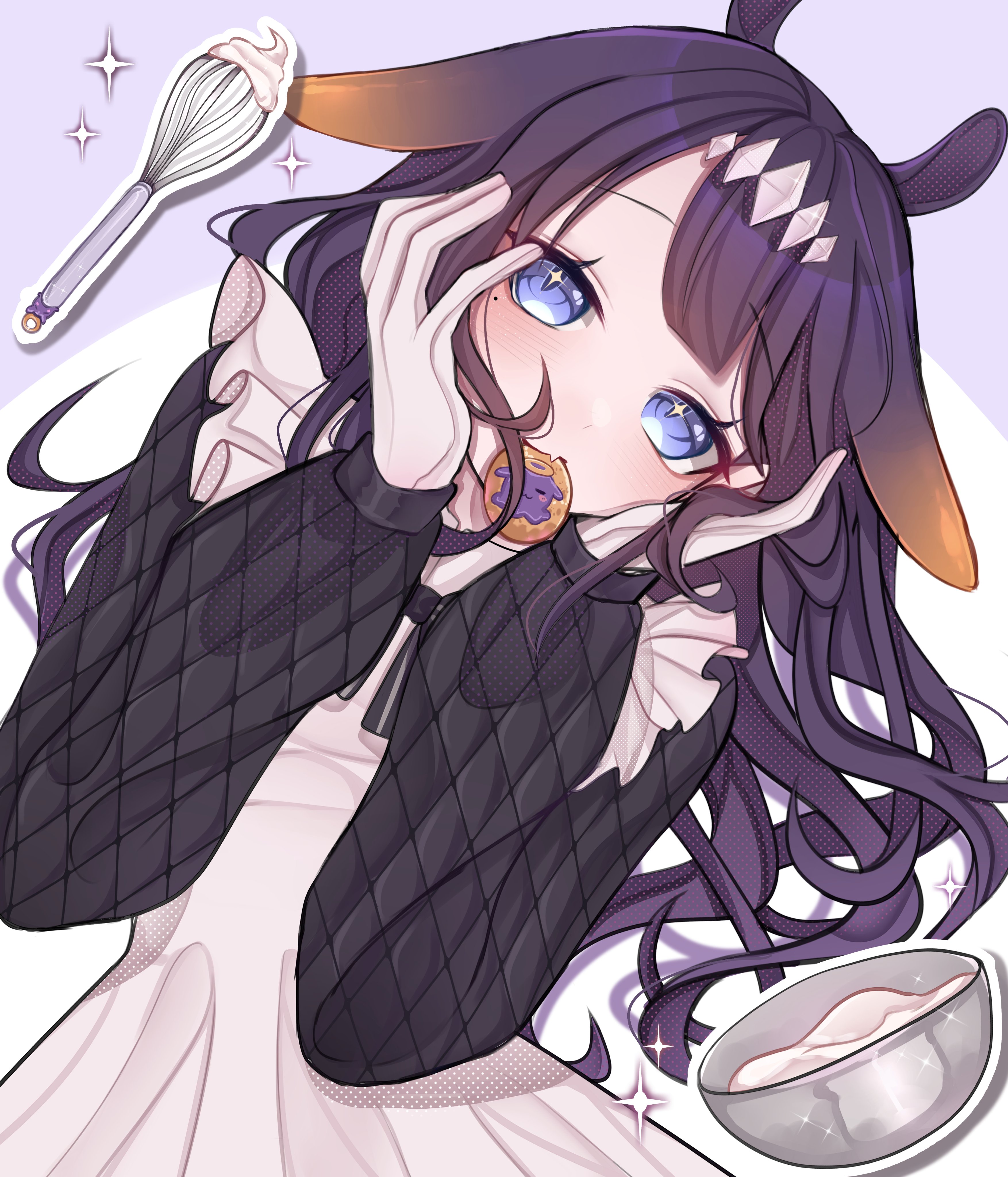 rosheil, ninomae ina'nis, takodachi (ninomae ina'nis), hololive, hololive english, absurdres, commentary, highres, 1girl, alternate costume, animal ears, apron, black sweater, blue eyes, blush, bowl, cookie, cream, fang, food, gloves, gradient hair, hair ornament, hands on own face, long hair, long sleeves, looking at viewer, mole, mole under eye, mouth hold, multicolored hair, parted bangs, purple hair, skin fang, solo, sweater, tentacle hair, upper body, virtual youtuber, whisk, white apron, white gloves