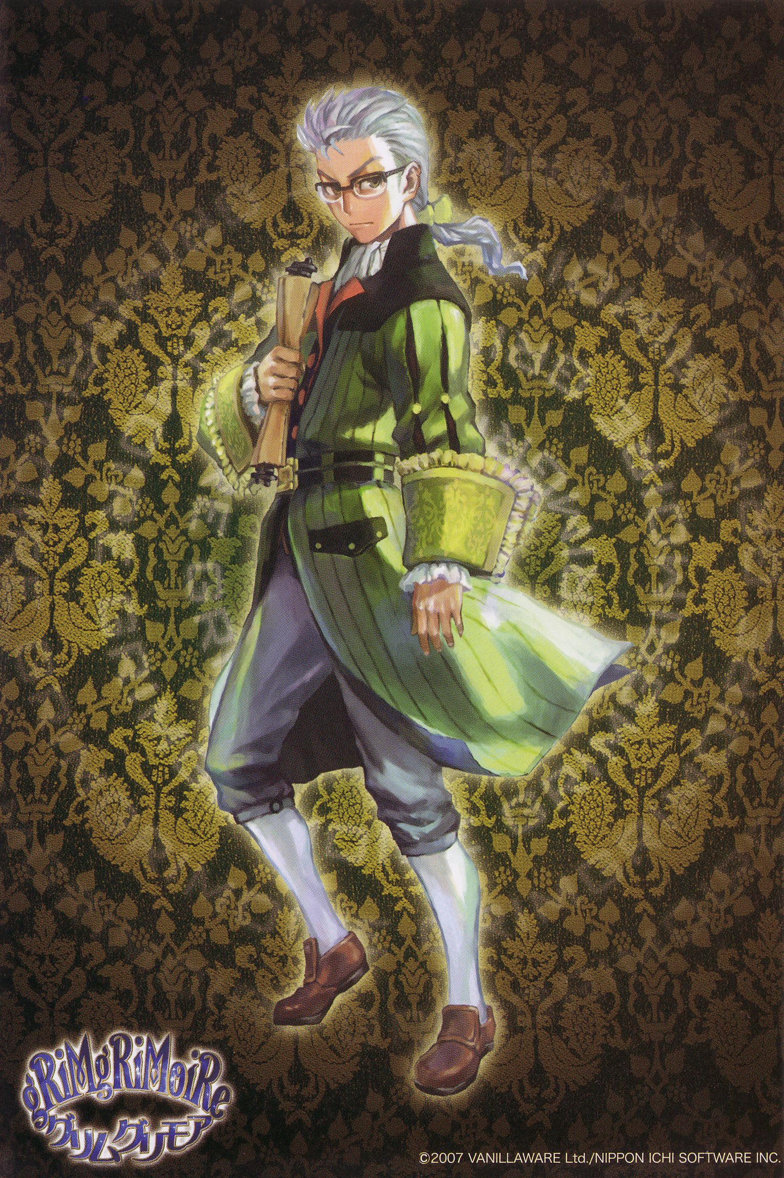 kamitani george, hiram menthe, grimgrimoire, nippon ichi, vanillaware, highres, official art, scan, 1boy, male focus, postcard, solo