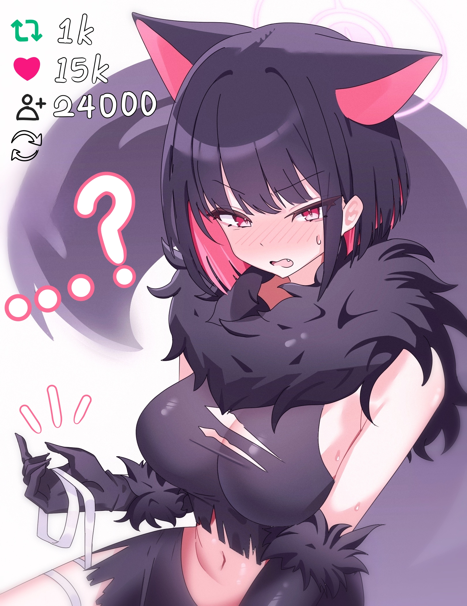 poko050498, kazusa (blue archive), kazusa (halloween) (blue archive), blue archive, highres, 1girl, animal ears, animal hands, bikini, black bikini, blunt ends, blush, breasts, cat ears, cat girl, extra ears, fang, fur collar, gloves, halo, large breasts, looking at viewer, official alternate costume, open mouth, paw gloves, pink eyes, pink hair, pink halo, short hair, sidelocks, solo, swimsuit, tail