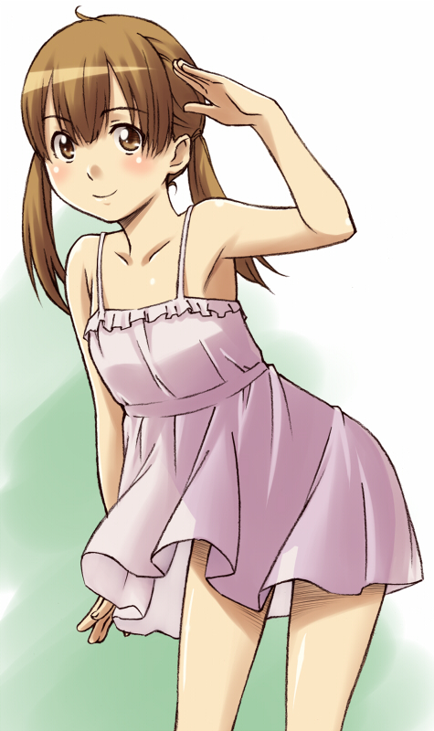 sawa jaaji, sasa kanako, hourou musuko, bad id, bad pixiv id, 1girl, armpits, blush, brown eyes, brown hair, child, dress, female focus, long hair, salute, short twintails, smile, solo, twintails