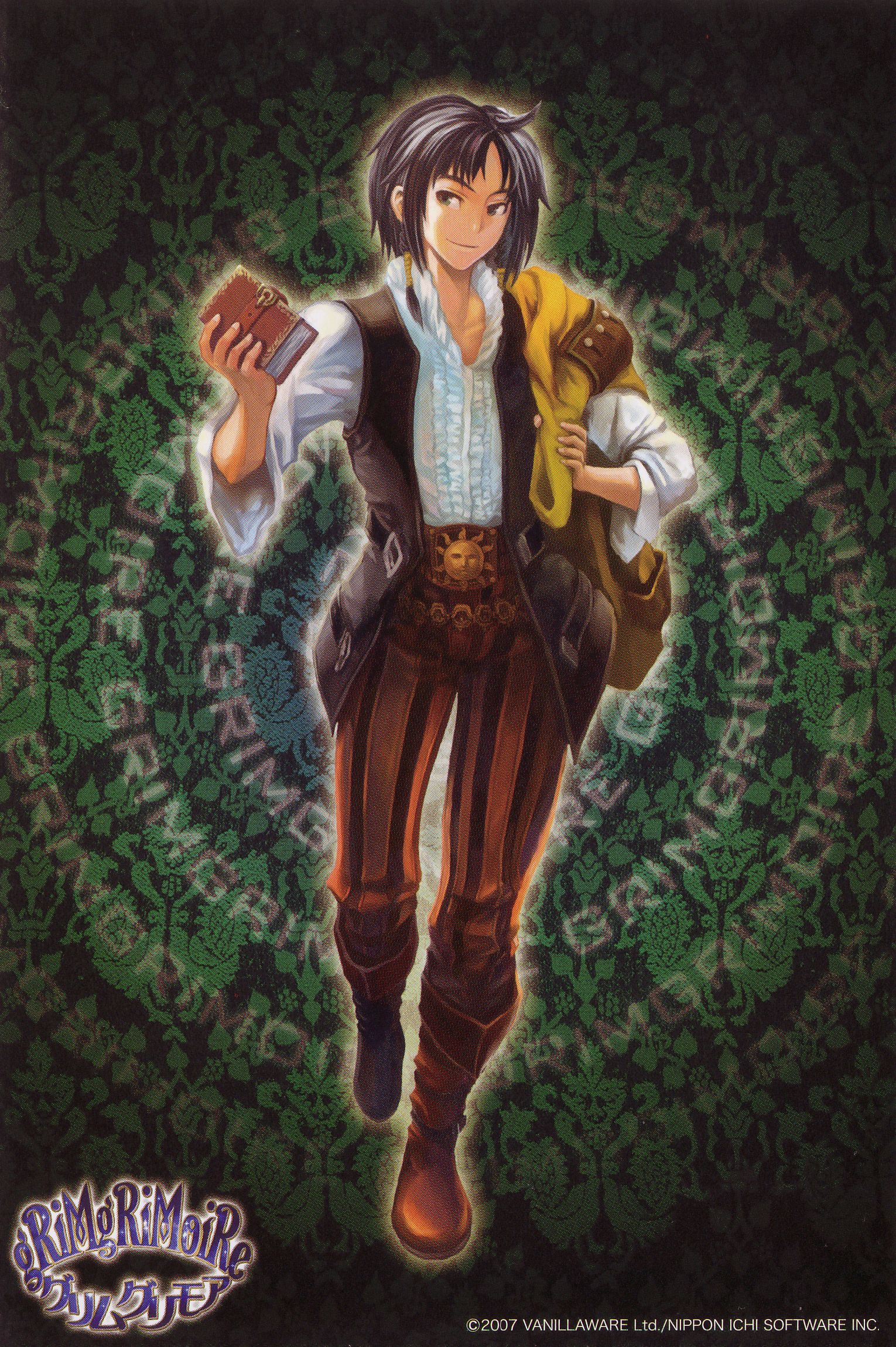 kamitani george, bartido ballentyne, grimgrimoire, nippon ichi, vanillaware, highres, official art, scan, 1boy, blouse, boots, center frills, copyright name, frills, full body, green background, male focus, pants, postcard, red boots, shirt, short hair with long locks, solo, striped clothes, striped pants, vertical-striped clothes, vertical-striped pants, white shirt