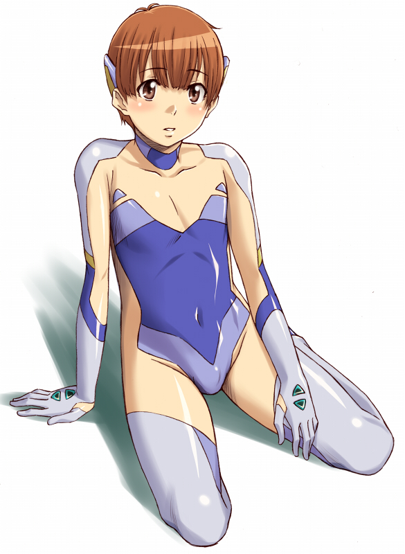 sawa jaaji, birdy cephon altera, nitori shuuichi, hourou musuko, tetsuwan birdy, bad id, bad pixiv id, 1boy, birdy cephon altera (cosplay), blush, brown hair, bulge, cosplay, crossdressing, crossdressing (mtf), kneeling, leotard, mecha pilot suit, plugsuit (evangelion), shadow, short hair, simple background, solo, thighhighs, white background