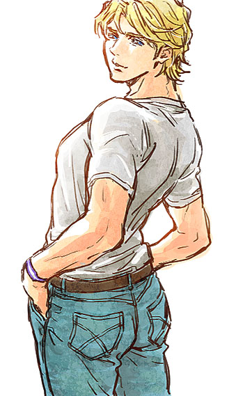 keith goodman, tiger & bunny, commentary request, 1boy, blonde hair, blue eyes, blue pants, bracelet, closed mouth, crew neck, denim, hand in pocket, jeans, jewelry, looking at viewer, male focus, mimimyy, pants, shirt, shirt tucked in, short sleeves, simple background, solo, standing, white background, white shirt