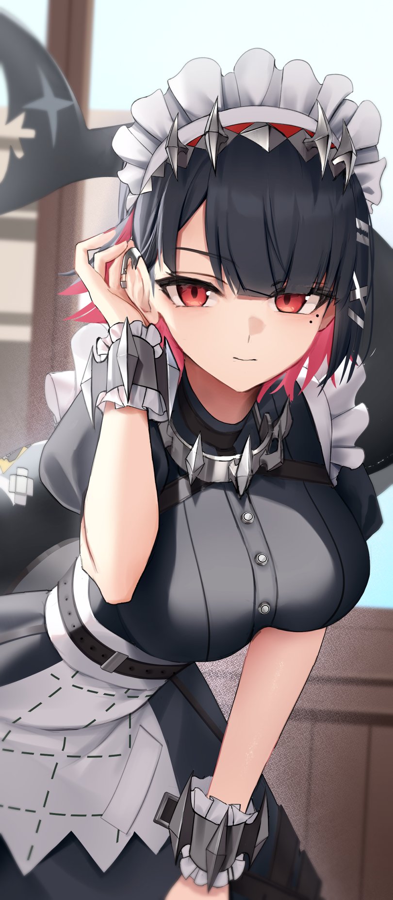 thomas 8000, ellen joe, zenless zone zero, commentary request, highres, 1girl, adjusting hair, alternate breast size (larger), bandaid on tail, black hair, breasts, closed mouth, colored inner hair, fins, fish tail, frilled wristband, hairband, hand on own ear, hand on own knee, indoors, large breasts, leaning forward, light smile, looking at viewer, maid, maid headdress, metal hairband, mole, mole under eye, multicolored hair, razor blade hair ornament, red eyes, red nails, scar, scar on tail, shark girl, shark tail, short hair, solo, spiked headband, swept bangs, tail