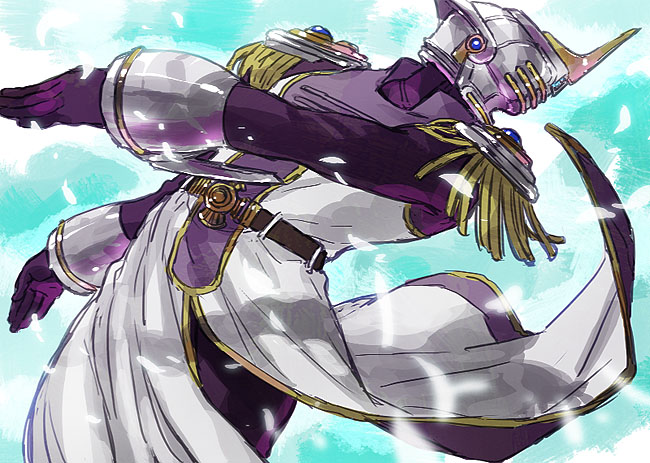 keith goodman, sky high (tiger & bunny), tiger & bunny, commentary request, 1boy, belt, black belt, coat, dutch angle, epaulettes, falling petals, floating clothes, gloves, helmet, long sleeves, male focus, mimimyy, petals, purple gloves, solo, superhero costume, white coat