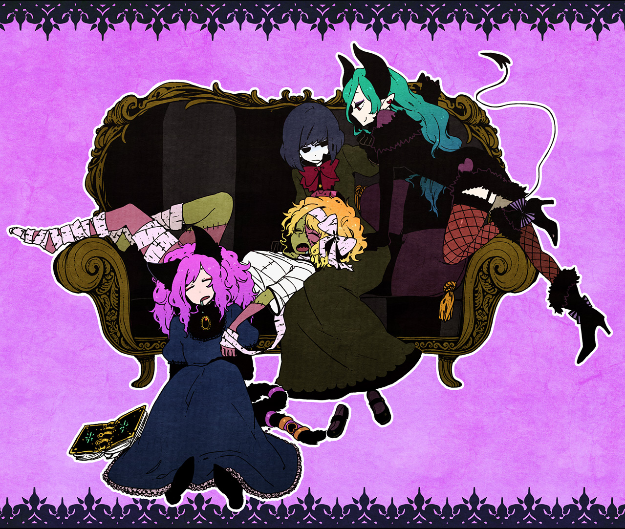 cosette (les miserables), aimee, anjelica, margia, original, bad id, bad pixiv id, blonde hair, blue hair, couch, dress, green hair, horns, long hair, pig, purple hair, ribbon, serious, short hair, sleeping, smile, tail, thighhighs