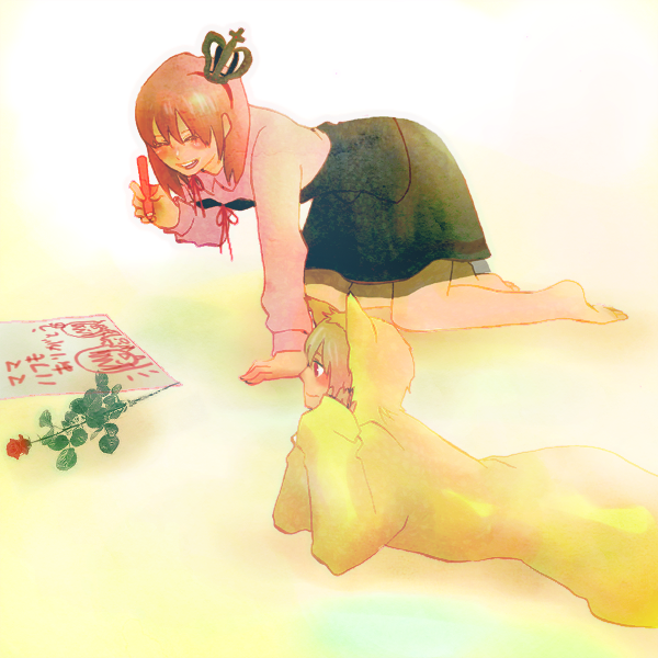 chuna, sakutarou (umineko), ushiromiya maria, umineko no naku koro ni, drawing, bad id, bad pixiv id, 00s, animal ears, blonde hair, blush, closed eyes, dress, flower, orange hair, red eyes, short hair, smile, solo