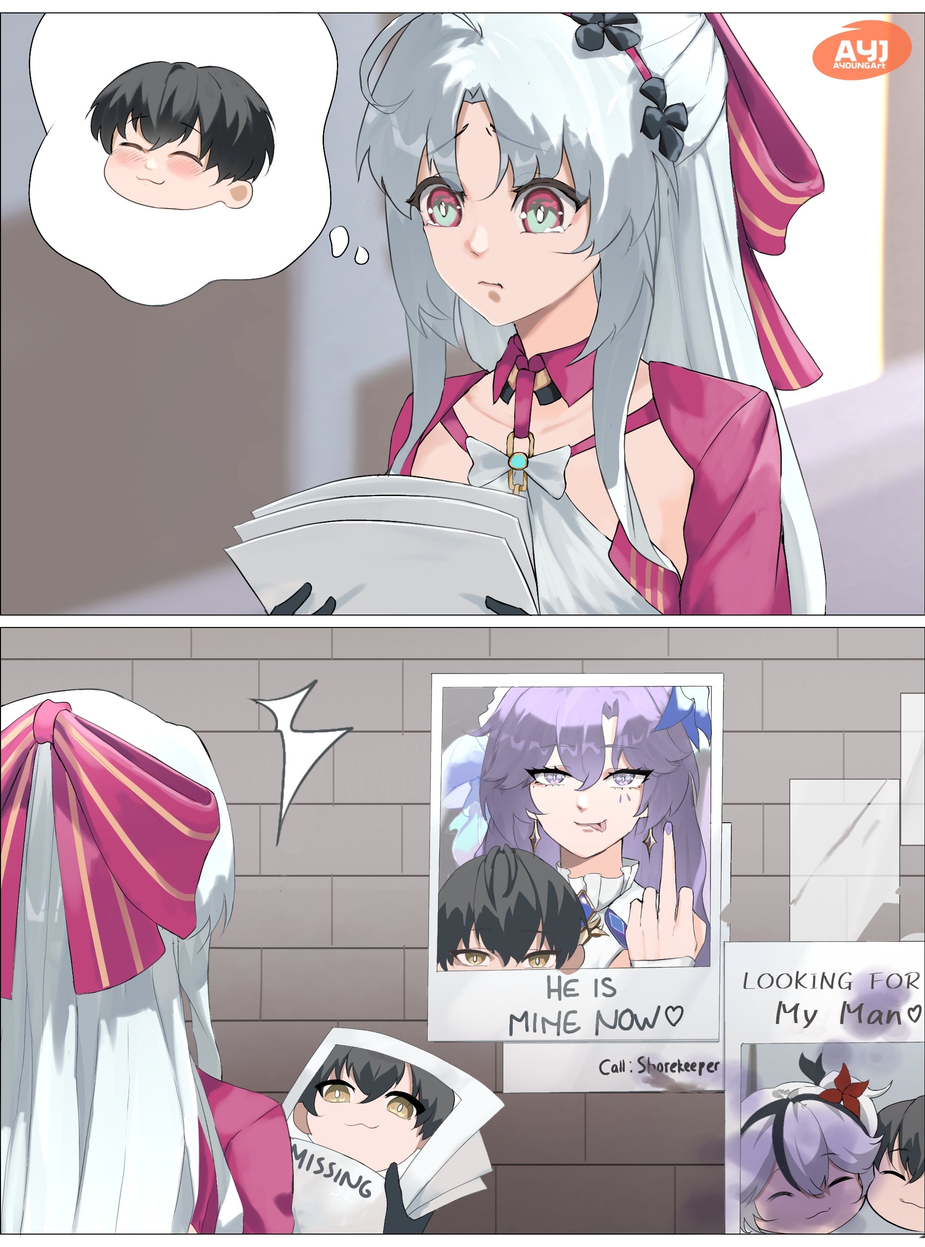 ayoungart, camellya (wuthering waves), cantarella (wuthering waves), carlotta (wuthering waves), male rover (wuthering waves), rover (wuthering waves), wuthering waves, absurdres, commentary, english commentary, highres, 1girl, :3, :p, black hair, bow, closed mouth, english text, grey hair, hair between eyes, hair bow, holding, holding paper, long hair, middle finger, missing poster, paper, parted bangs, pink bow, purple hair, sidelocks, solo, striped bow, tearing up, tongue, tongue out, yellow eyes