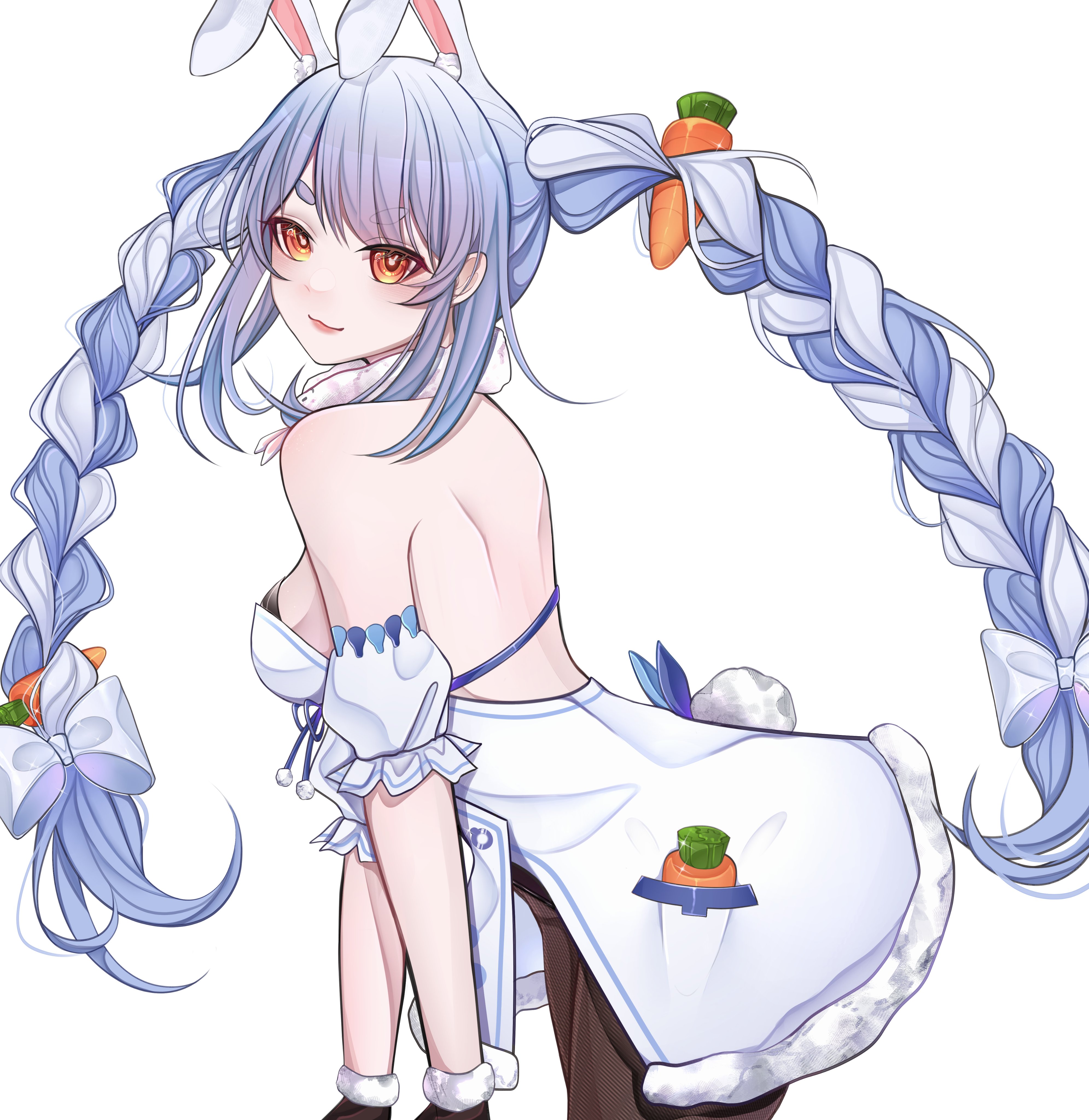 rosheil, don-chan (usada pekora), usada pekora, hololive, absurdres, commentary, highres, 1girl, animal ear fluff, animal ears, bare shoulders, black pantyhose, blue hair, braid, breasts, carrot, carrot hair ornament, closed mouth, coat dress, cowboy shot, dress, food-themed hair ornament, from side, fur-trimmed dress, fur scarf, fur trim, hair ornament, long hair, looking at viewer, multicolored hair, orange eyes, pantyhose, parted bangs, puffy short sleeves, puffy sleeves, rabbit-shaped pupils, rabbit ears, rabbit girl, short eyebrows, short sleeves, simple background, small breasts, smile, solo, symbol-shaped pupils, thick eyebrows, twin braids, two-tone hair, virtual youtuber, white background, white dress, white hair