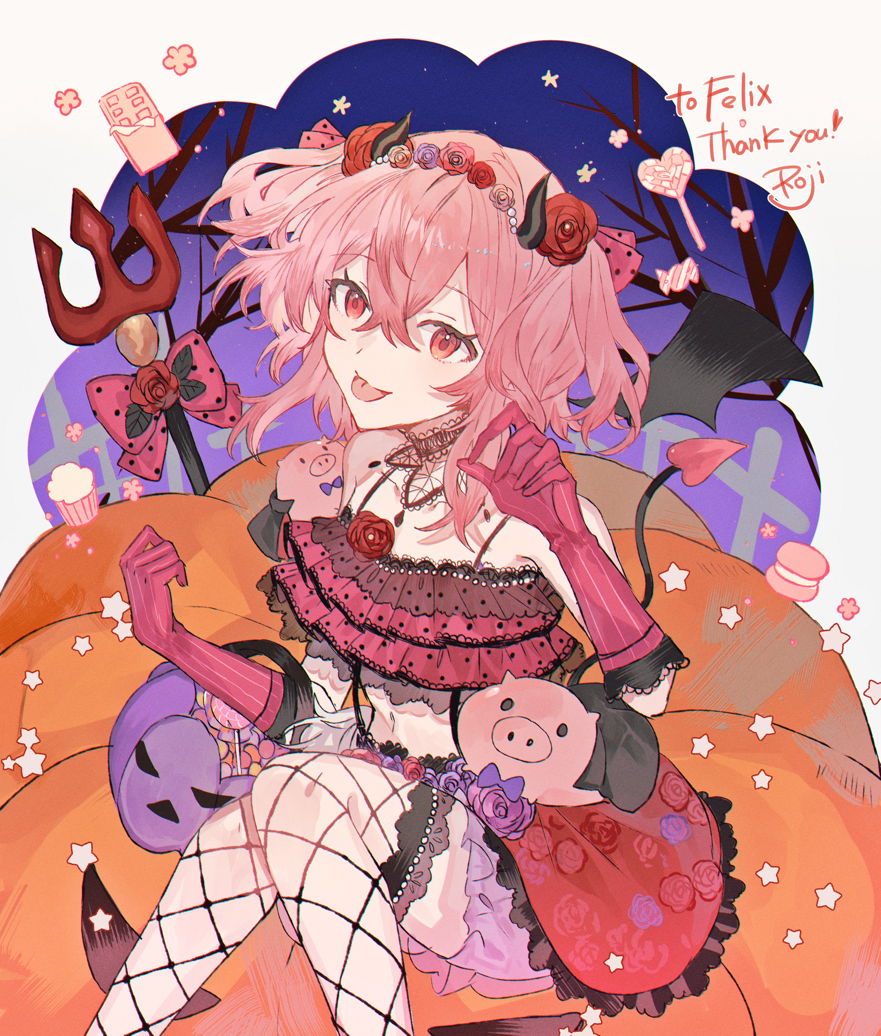 rosebud (rosemi lovelock), rosemi lovelock, nijisanji, nijisanji en, absurdres, commentary, commission, english commentary, highres, second-party source, skeb commission, 1girl, :p, bag, bare shoulders, bat (animal), bloomers, candy, chocolate, choker, cupcake, demon horns, dress, elbow gloves, fishnet pantyhose, fishnets, flower, food, gloves, hair between eyes, hair flower, hair ornament, halloween, handbag, head tilt, horns, invisible chair, jack-o'-lantern, lace, lace choker, looking at viewer, macaron, medium hair, midriff, moimoiji, navel, night, night sky, pantyhose, pink bloomers, pink flower, pink hair, pink rose, pitchfork, purple flower, purple rose, red dress, red eyes, red flower, red gloves, red rose, rose, sitting, sky, solo focus, star (sky), star (symbol), starry sky, tongue, tongue out, two side up, underwear, virtual youtuber