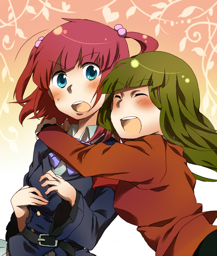 hatsuka nezumi, mammon (umineko), stakes of purgatory, ushiromiya ange, umineko no naku koro ni, 00s, blue eyes, blush, closed eyes, green hair, hair bobbles, hair ornament, hug, jacket, long hair, red hair, twintails