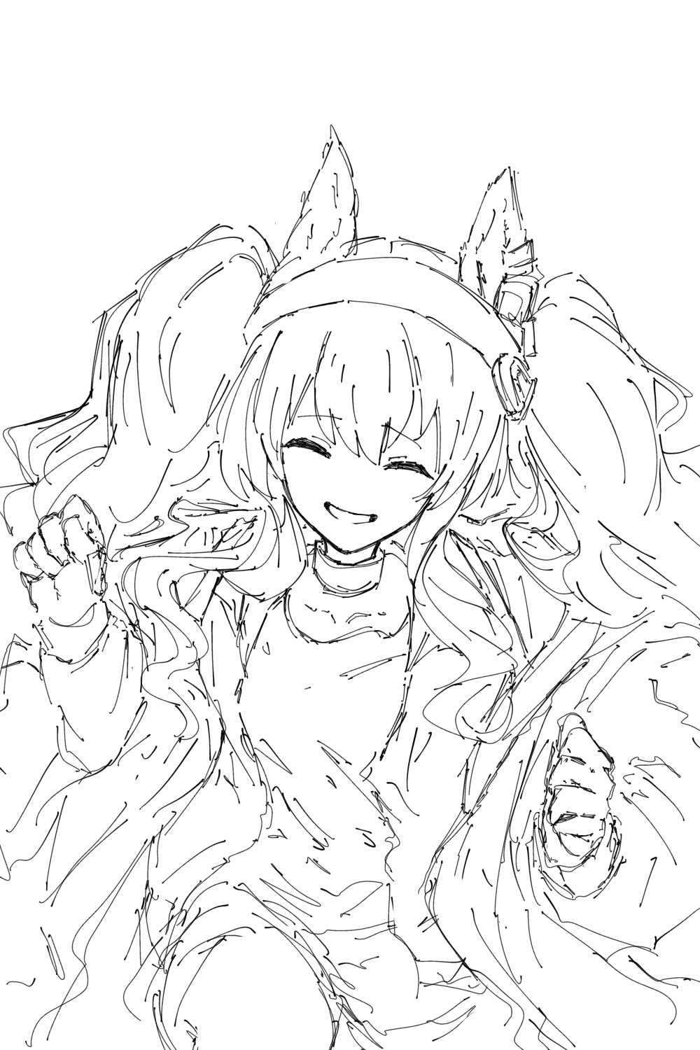 kanuluillust, angelina (arknights), arknights, highres, 1girl, animal ears, closed eyes, cowboy shot, fox ears, fox girl, greyscale, hairband, jacket, long sleeves, monochrome, open clothes, open mouth, simple background, sketch, smile, solo, twintails, white background