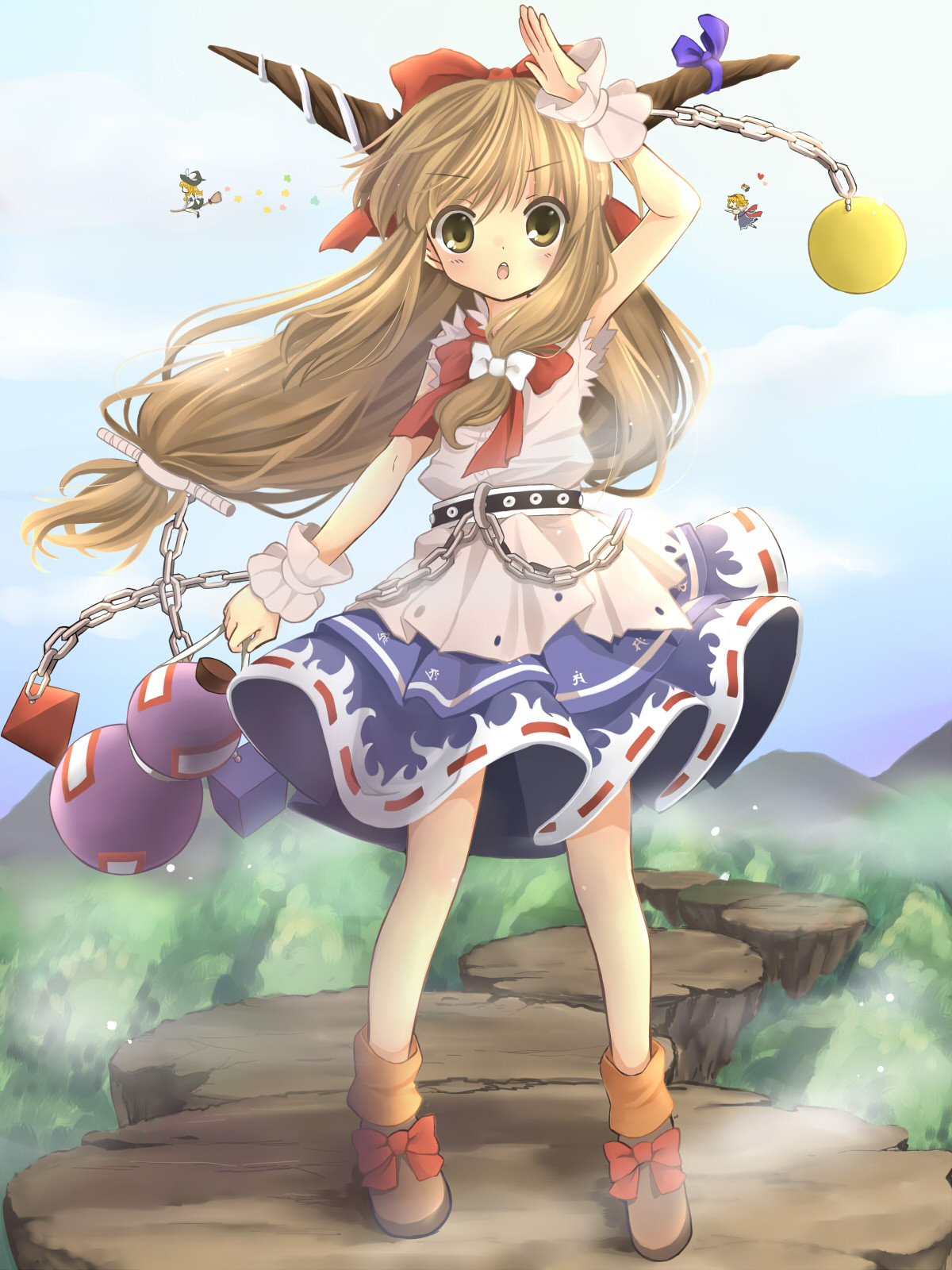 hanabana tsubomi, alice margatroid, ibuki suika, kirisame marisa, touhou, bad id, bad pixiv id, highres, >:o, 3girls, :o, belt, blonde hair, bow, broom, broom riding, brown eyes, brown hair, chain, child, cloud, day, female focus, forest, gourd, hair bow, horn ornament, horn ribbon, horns, looking at viewer, mountain, multiple girls, nature, outdoors, ribbon, rock, skirt, sky, sleeveless, standing, v-shaped eyebrows, wrist cuffs