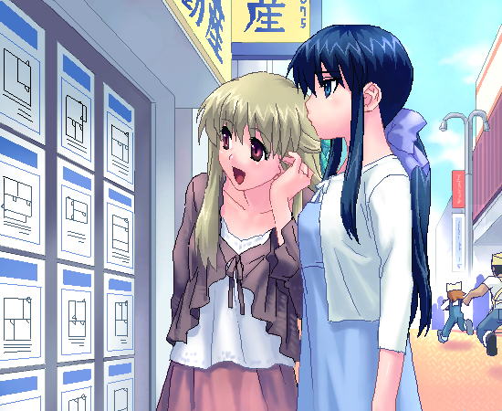 zen, kawasumi mai, kurata sayuri, merchant, tsukimiya ayu, kanon, translation request, 1boy, 3girls, casual, chasing, multiple girls, oekaki, profile