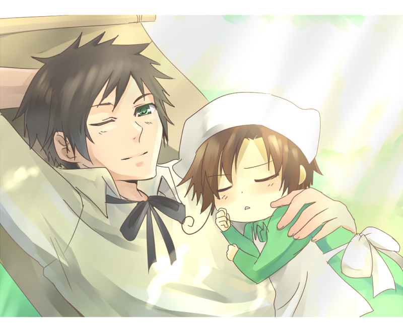 meru, southern italy (hetalia), spain (hetalia), axis powers hetalia, 00s, 2boys, aged down, black hair, brown hair, child, gradient background, green eyes, male focus, multiple boys, sleeping, upper body, white background