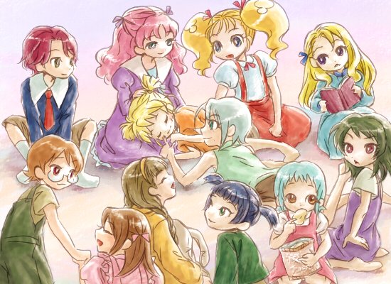 chiwa, aeru (simoun), alti (simoun), caimu (simoun), dominura (simoun), floe (simoun), limone (simoun), mamiina (simoun), morinas (simoun), neviril (simoun), paraietta (simoun), rodoreamon (simoun), yun (simoun), simoun, light blue hair, 00s, 6+girls, :d, aged down, between legs, black hair, blonde hair, blue eyes, blue hair, blush, bow, brown eyes, brown hair, child, chips (food), closed eyes, d:, drill hair, eating, everyone, food, full body, glasses, green eyes, green hair, hair bow, hand between legs, headband, holding hands, kindergarten, lap pillow, long hair, looking at viewer, lying, multiple girls, necktie, on stomach, open mouth, pink eyes, pink hair, potato chips, red eyes, red hair, red necktie, school uniform, short hair, short sleeves, sitting, sleeping, smile, surprised, twintails