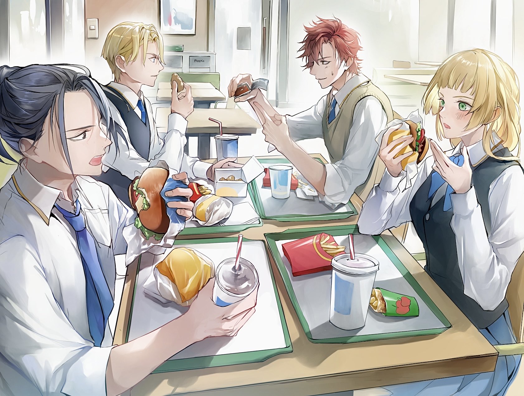 zat 296, dimitri alexandre blaiddyd, felix hugo fraldarius, ingrid brandl galatea, sylvain jose gautier, fire emblem, fire emblem: three houses, nintendo, commentary request, highres, 1girl, 3boys, black hair, black vest, blonde hair, blue necktie, blue skirt, blunt bangs, blush, box, breasts, brown sweater vest, burger, chicken nuggets, collared shirt, cup, disposable cup, drinking straw, eating, elbow rest, food, food wrapper, french fries, green eyes, holding, holding burger, holding cup, holding food, indoors, long sleeves, medium breasts, multiple boys, necktie, open mouth, parted hair, picture frame, pleated skirt, pointing, red hair, school uniform, shirt, skirt, sweater vest, table, tray, vest, white shirt, wing collar