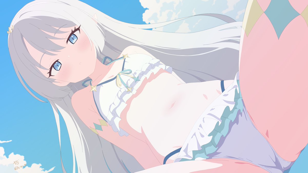 female tyrant (stella sora), tyrant (stella sora), stella sora, 1girl, bikini, blue eyes, cloud, cloudy sky, flat chest, grey hair, kise tt, long hair, looking at viewer, official alternate costume, sky, solo, spread legs, swimsuit, very long hair, white bikini