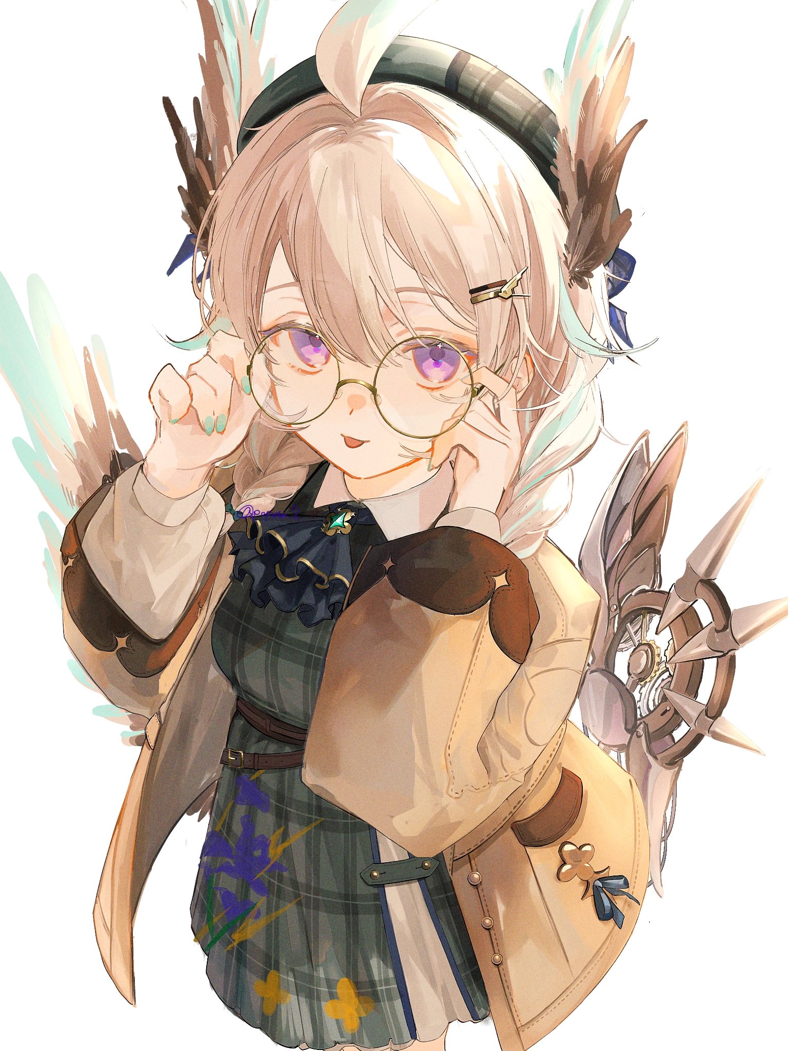 enna alouette, enna alouette (fall casual), nijisanji, nijisanji en, highres, 1girl, :p, adjusting eyewear, ahoge, aqua hair, aqua nails, ascot, beret, blonde hair, blue ascot, braid, breasts, brown coat, coat, cowboy shot, dress, glasses, green dress, hair between eyes, hat, head wings, looking at viewer, low twin braids, low wings, medium hair, multicolored hair, plaid clothes, plaid dress, popota 2, purple eyes, simple background, single mechanical wing, small breasts, solo, streaked hair, tongue, tongue out, twin braids, virtual youtuber, white background, wings