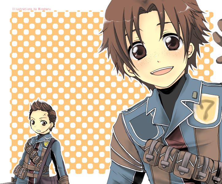 mino haru, minoharu, emile bielert, oscar bielert, senjou no valkyria, senjou no valkyria (series), senjou no valkyria 1, bad id, bad pixiv id, 00s, 2boys, bag, brown eyes, brown hair, freckles, gloves, male focus, military, military uniform, multiple boys, pouch, satchel, scar, smile, waving
