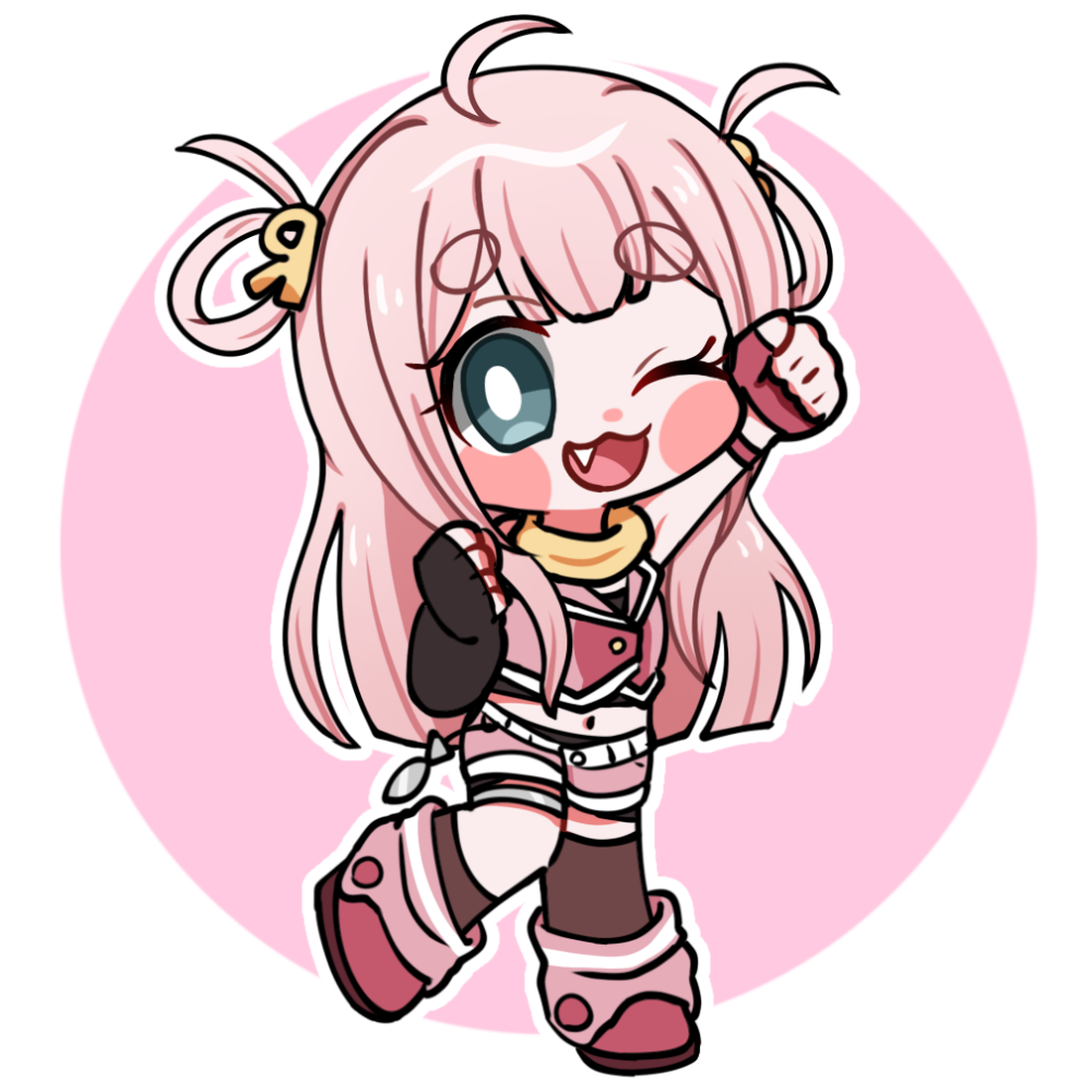 togase ameko, sharp corporation, vocaloid, commentary request, > o, 1girl, :3, ahoge, arm up, asymmetrical gloves, asymmetrical legwear, belt, blue eyes, blush stickers, chibi, chibi only, cocorobo, cropped vest, fang, fingerless gloves, full body, gloves, hair ornament, hair rings, long hair, looking at viewer, midriff, navel, one eye closed, open mouth, pink hair, scarf, shorts, single sock, single thighhigh, smile, socks, solo, thick eyebrows, thigh strap, thighhighs, two side up, uneven gloves, uneven legwear, vest