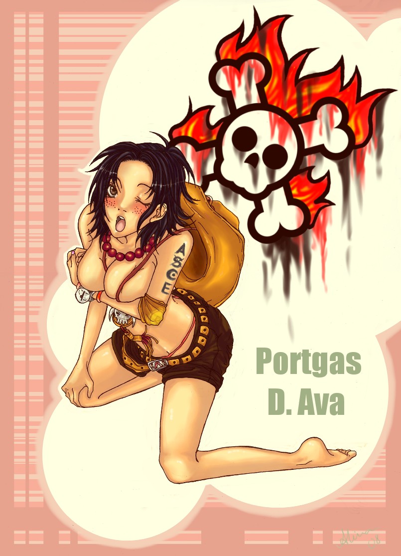 alina-chan, portgas d. ace, portgas d. anne, one piece, breast hold, 1girl, barefoot, breasts, female focus, freckles, genderswap, genderswap (mtf), large breasts, one eye closed, skull, solo, tattoo, topless female, wink