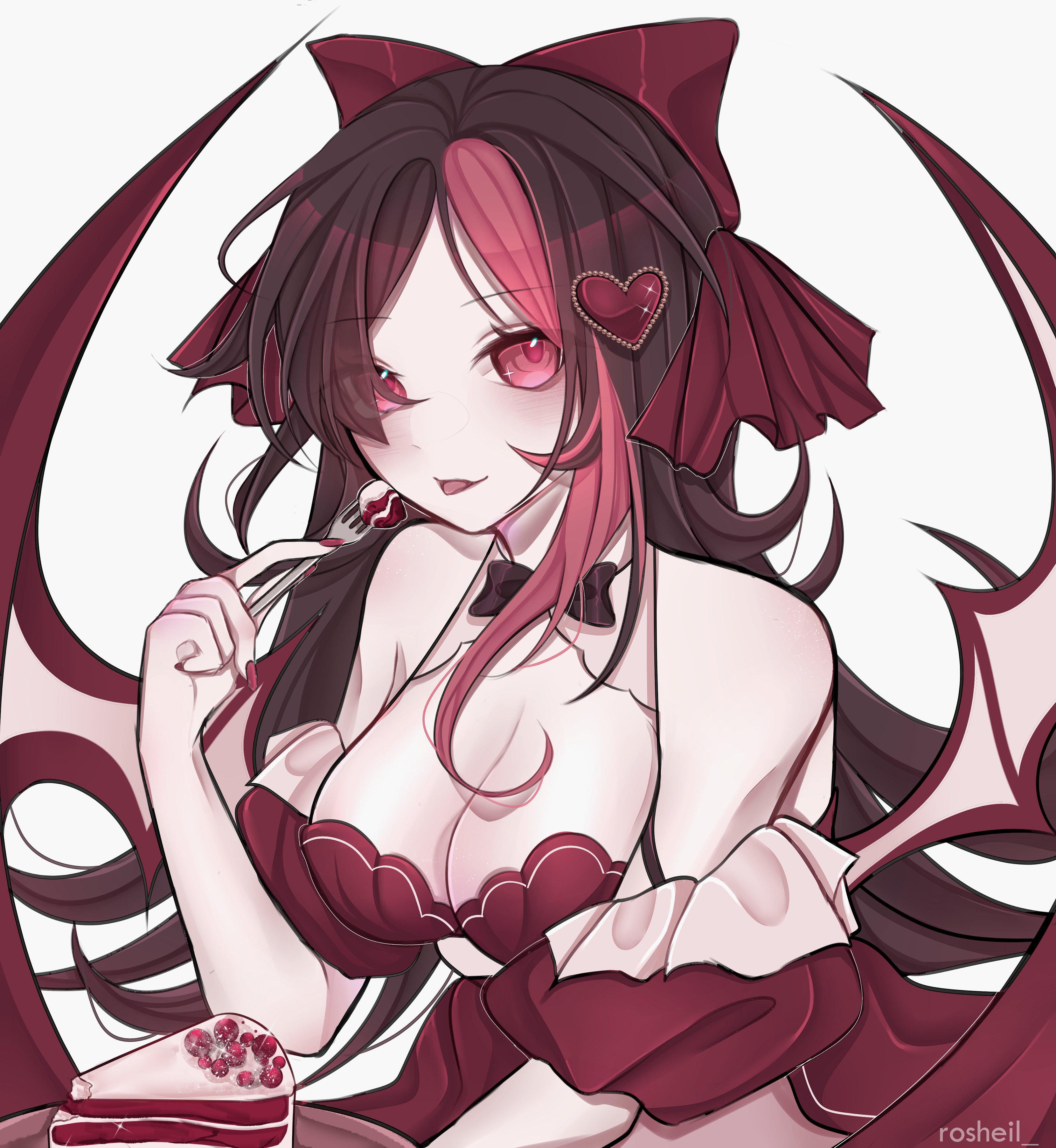 rosheil, original, absurdres, commentary, commission, english commentary, highres, 1girl, artist name, bare shoulders, black bow, bow, breasts, brown hair, cake, cake slice, cleavage, dress, fingernails, food, fork, hair ornament, hair over one eye, heart, heart hair ornament, holding, holding fork, large breasts, long hair, looking at viewer, multicolored hair, nail polish, parted bangs, red dress, red eyes, red nails, red streaks, simple background, smile, solo, streaked hair, tongue, tongue out, upper body, white background, wings