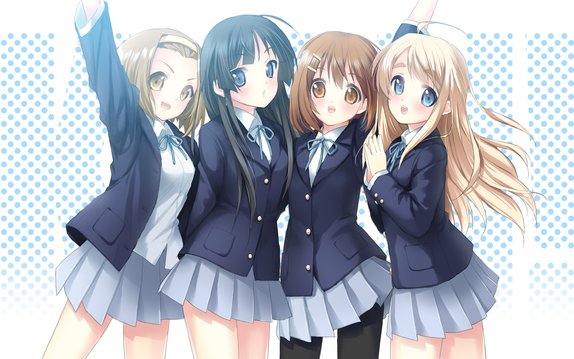 kimishima ao, akiyama mio, hirasawa yui, kotobuki tsumugi, tainaka ritsu, k-on!, highres, 00s, 4girls, black hair, blonde hair, blue eyes, brown hair, hairband, ho-kago tea time, multiple girls, pantyhose, polka dot, school uniform, tomboy