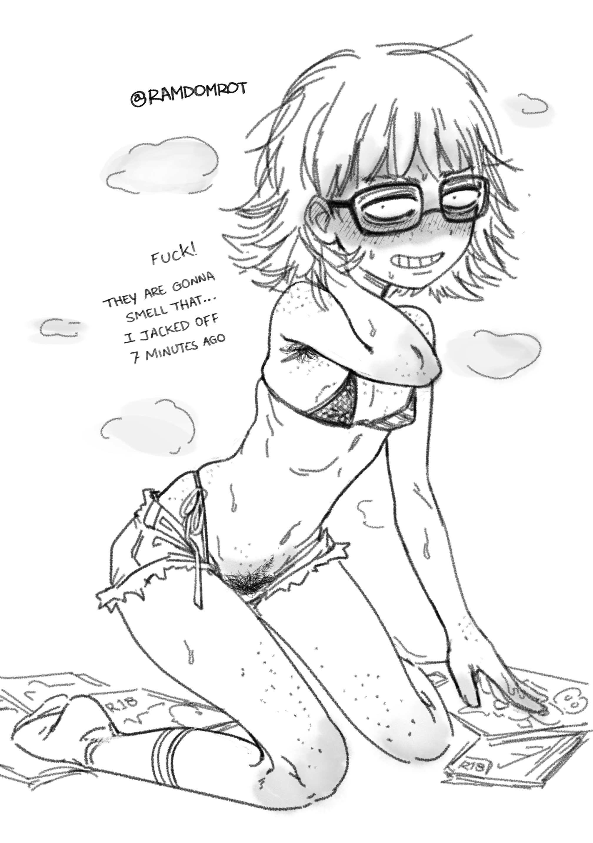 ramdomrot, original, absurdres, highres, 1girl, american flag, american flag bikini, american flag print, armpit hair, bikini, blush, body freckles, borrowed character, breasts, female pubic hair, flag print, flag print bikini, freckles, full-face blush, glasses, grin, jimiko, kneeling, medium hair, micro bikini, neet girl (baalbuddy), print bikini, pubic hair, short shorts, shorts, simple background, skinny, small breasts, smile, steam, steaming body, swimsuit, white background