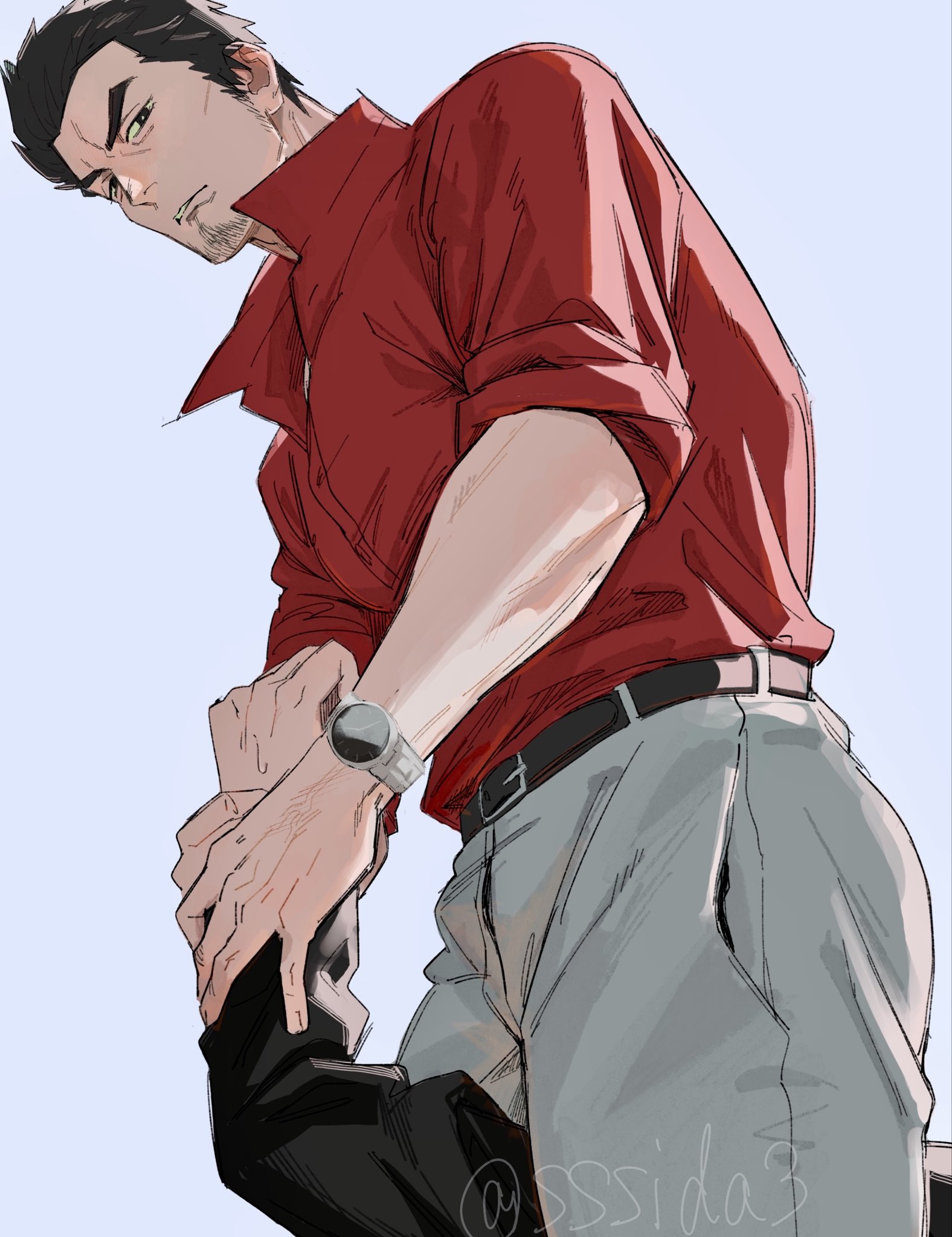 sssida3, kiryu kazuma, ryuu ga gotoku (series), commentary request, highres, 2boys, belt, belt buckle, black belt, black hair, black shirt, brown eyes, buckle, grey pants, holding another's arm, long sleeves, looking down, male focus, medium sideburns, multiple boys, open collar, out of frame, pants, popped collar, shirt, shirt tucked in, short hair, simple background, sleeves rolled up, solo focus, standing, watch, wristwatch