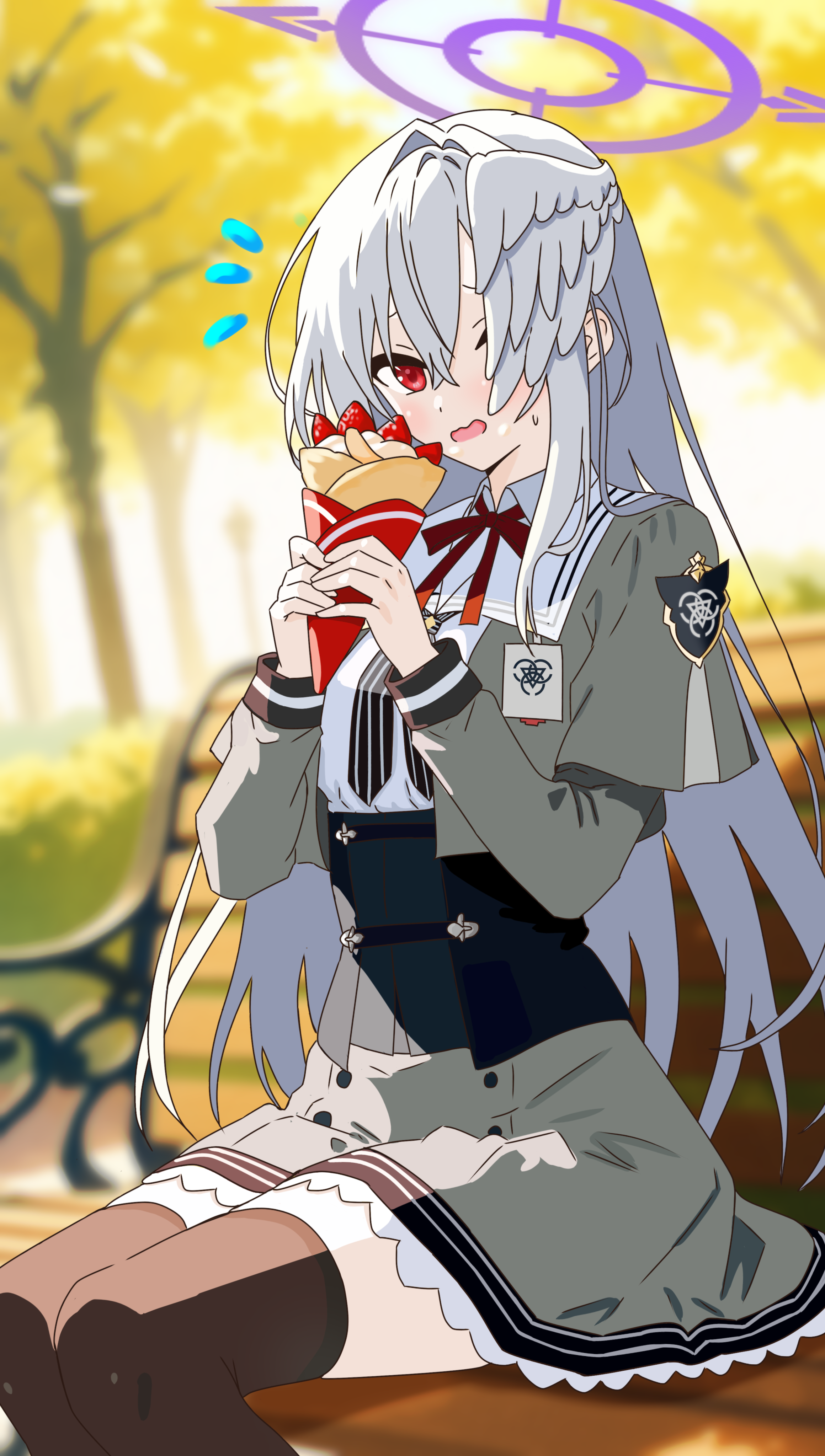 coffee inu, suzumi (blue archive), blue archive, absurdres, commentary request, commission, highres, pixiv commission, 1girl, bench, blurry, blurry background, corset, covering face, crepe, embarrassed, flying sweatdrops, food, fruit, grey serafuku, grey skirt, grey wings, hair between eyes, halo, head wings, holding, holding crepe, holding food, long hair, long sleeves, looking at viewer, on bench, open mouth, outdoors, park bench, purple halo, red eyes, red ribbon, ribbon, school uniform, serafuku, single head wing, single wing, sitting, skirt, solo, strawberry, tree, white hair, wings