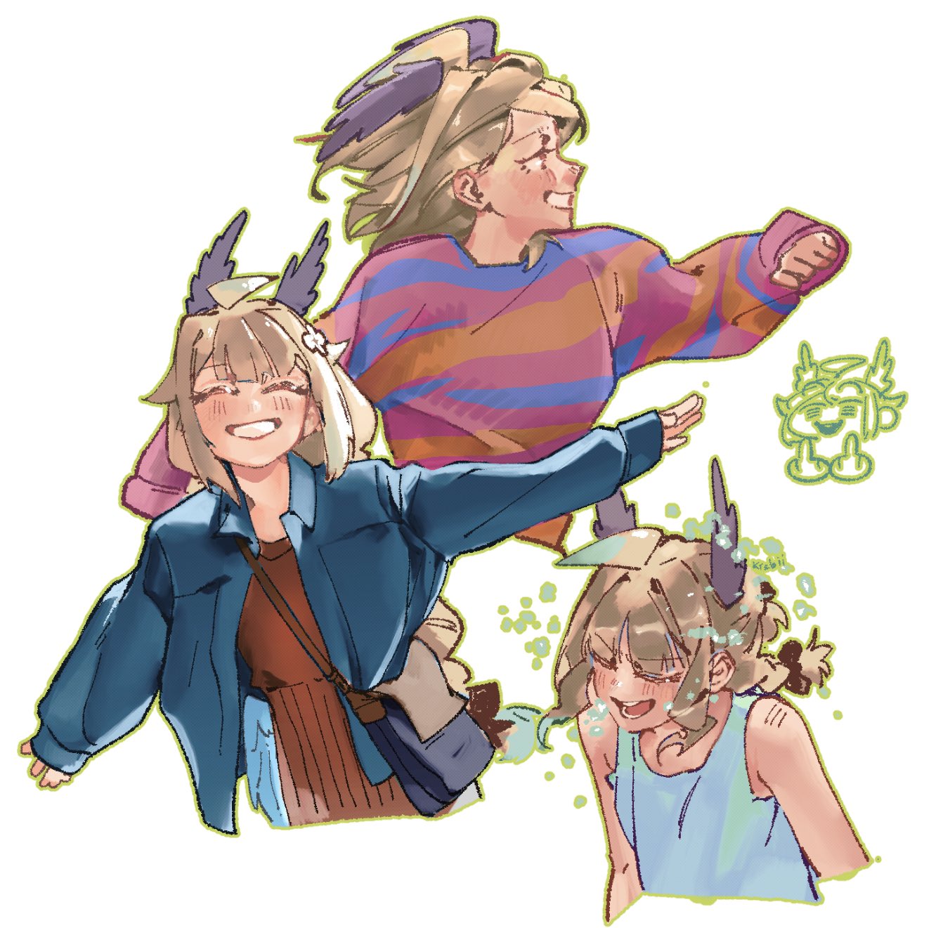 enna alouette, nijisanji, nijisanji en, commentary, english commentary, highres, photo-referenced, 1girl, ahoge, artist name, bag, blonde hair, blue jacket, blush, brown dress, casual, closed eyes, double middle finger, dress, from side, grin, handbag, head wings, jacket, long hair, long sleeves, low twintails, medium hair, middle finger, multiple views, nose blush, open mouth, outstretched arms, running, shrimpbimbab, simple background, sleeves past wrists, smile, striped clothes, striped sweater, sweater, tank top, twintails, very long hair, virtual youtuber, white background, wings