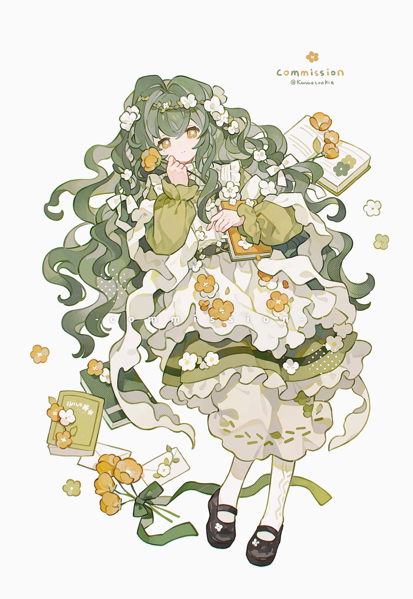 kanae (cookie), original, commission, highres, 1girl, black shoes, book, closed mouth, dress, flower, frilled dress, frills, full body, green dress, green eyes, green hair, hand up, holding, holding book, holding flower, long hair, looking at viewer, mary janes, shoes, simple background, socks, solo, twitter username, white background, white socks