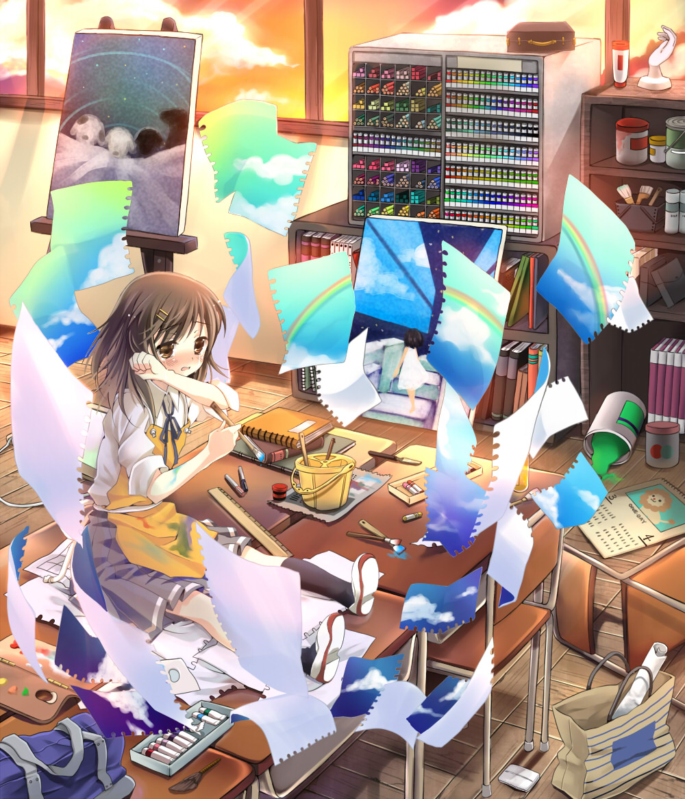 hanabana tsubomi, original, 1girl, apron, bag, blush, brown eyes, brown hair, canvas (object), classroom, colorful, duffel bag, easel, flying paper, hair ornament, hairclip, paint palette, painting (action), paper, rainbow, school, school uniform, sitting, table, tears