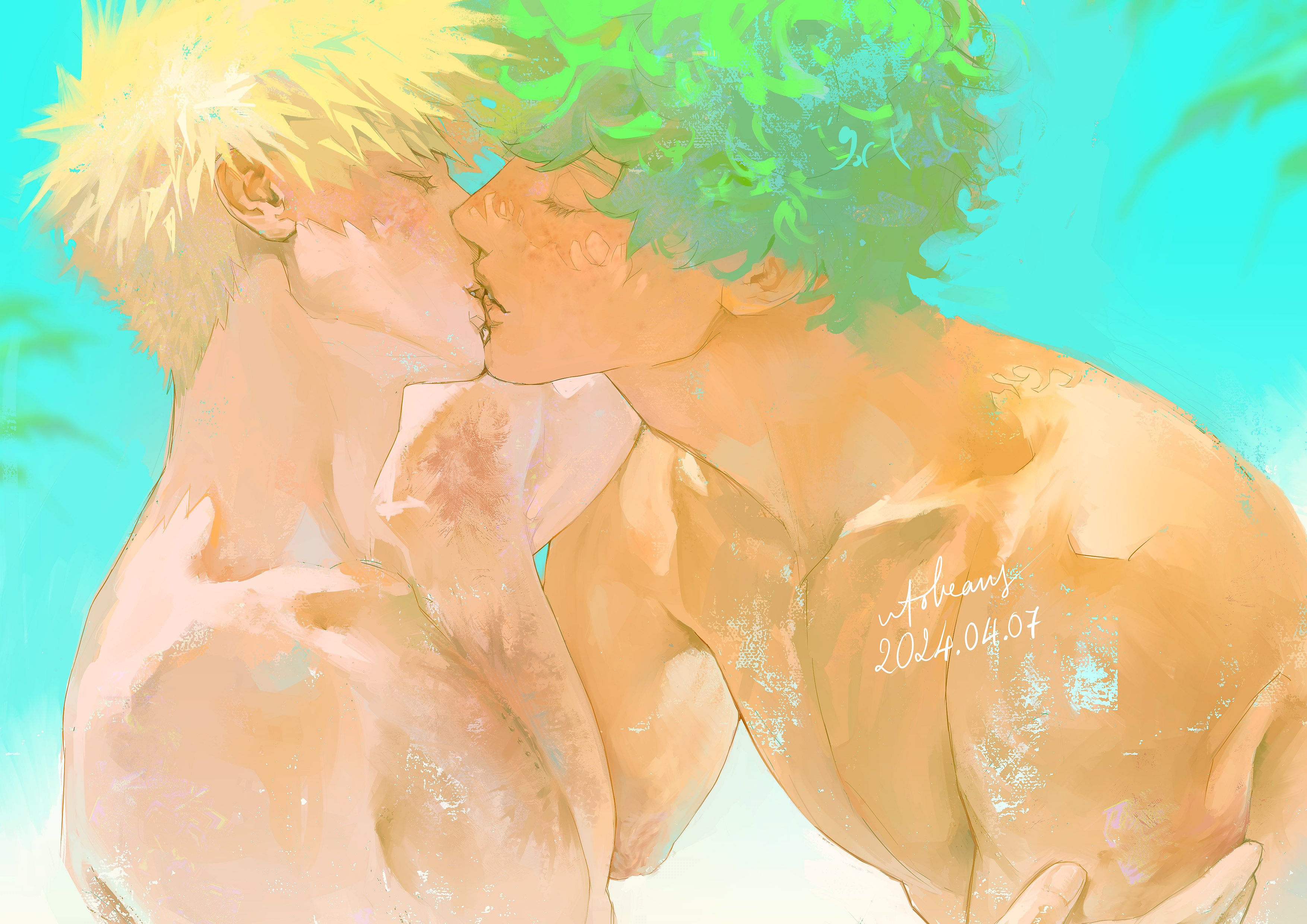 utobeans, bakugou katsuki, midoriya izuku, boku no hero academia, absurdres, commentary request, highres, 2boys, adam's apple, arm up, blonde hair, closed eyes, collarbone, dated, eyelashes, green hair, hand on another's arm, lips, male focus, multiple boys, nude, pectorals, profile, short hair, signature, smile, upper body, wavy hair, yaoi