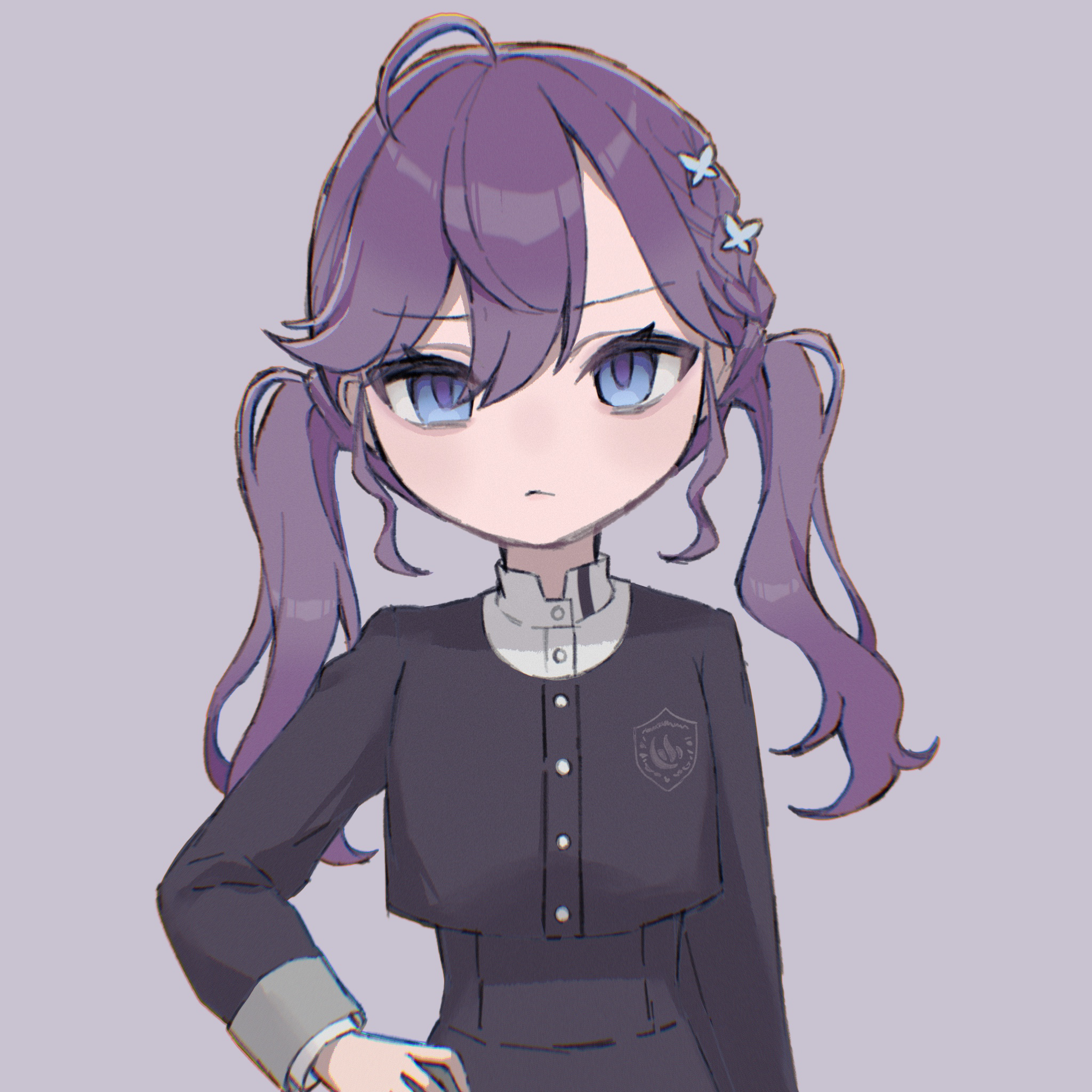 kaya rinha, gakuen idolmaster, idolmaster, commentary request, highres, 1girl, ahoge, blue eyes, braid, butterfly hair ornament, grey background, hair ornament, hand on own hip, long hair, long sleeves, looking at viewer, low twintails, nemii-desu, purple hair, skirt, skirt set, solo, twintails, upper body