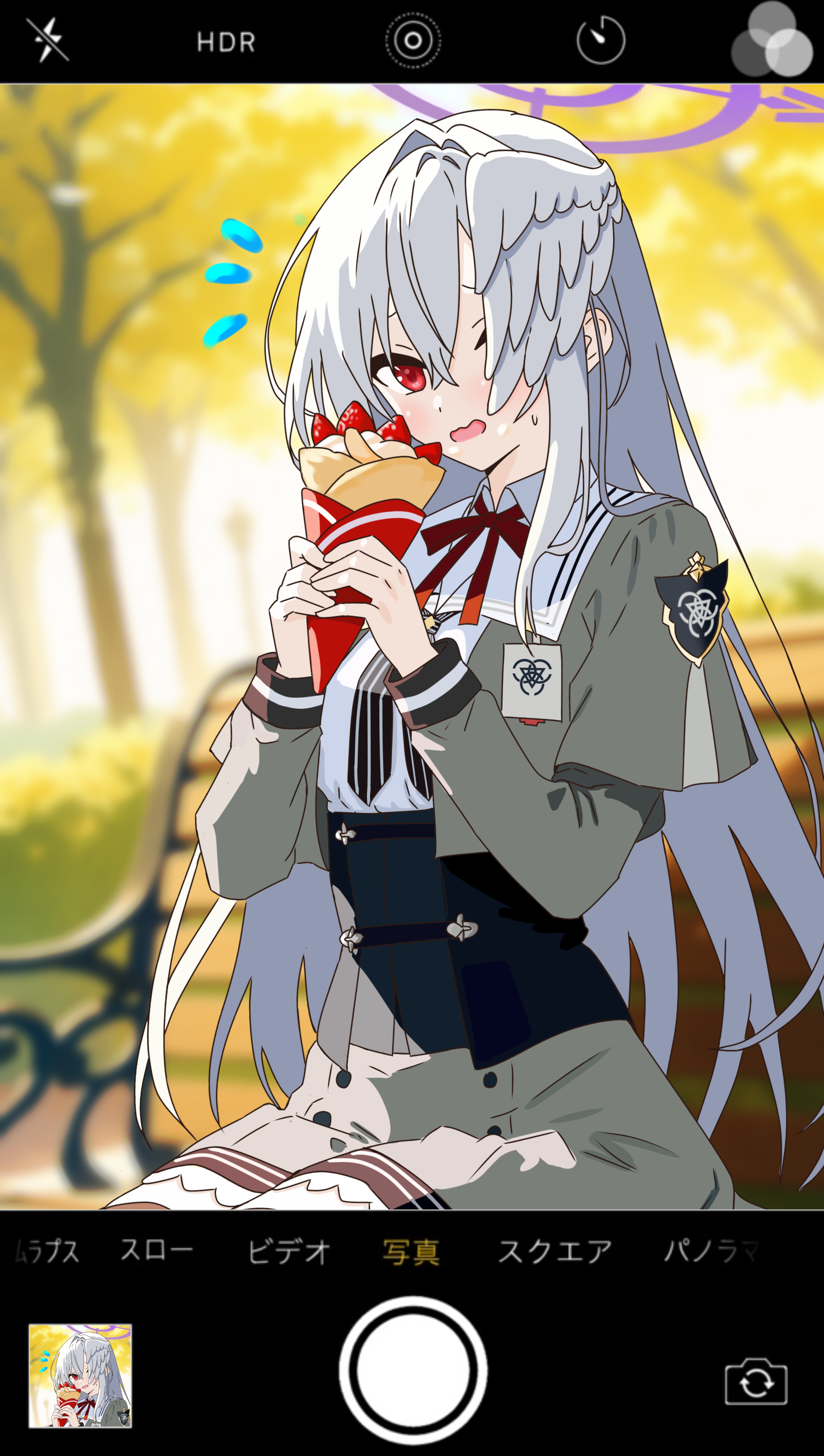coffee inu, suzumi (blue archive), blue archive, absurdres, commentary request, commission, highres, pixiv commission, 1girl, bench, blurry, blurry background, corset, covering face, crepe, embarrassed, fake phone screenshot, fake screenshot, flying sweatdrops, food, fruit, grey serafuku, grey skirt, grey wings, hair between eyes, halo, head wings, holding, holding crepe, holding food, long hair, long sleeves, looking at viewer, on bench, open mouth, outdoors, park bench, purple halo, red eyes, red ribbon, ribbon, school uniform, serafuku, single head wing, single wing, sitting, skirt, solo, strawberry, tree, white hair, wings
