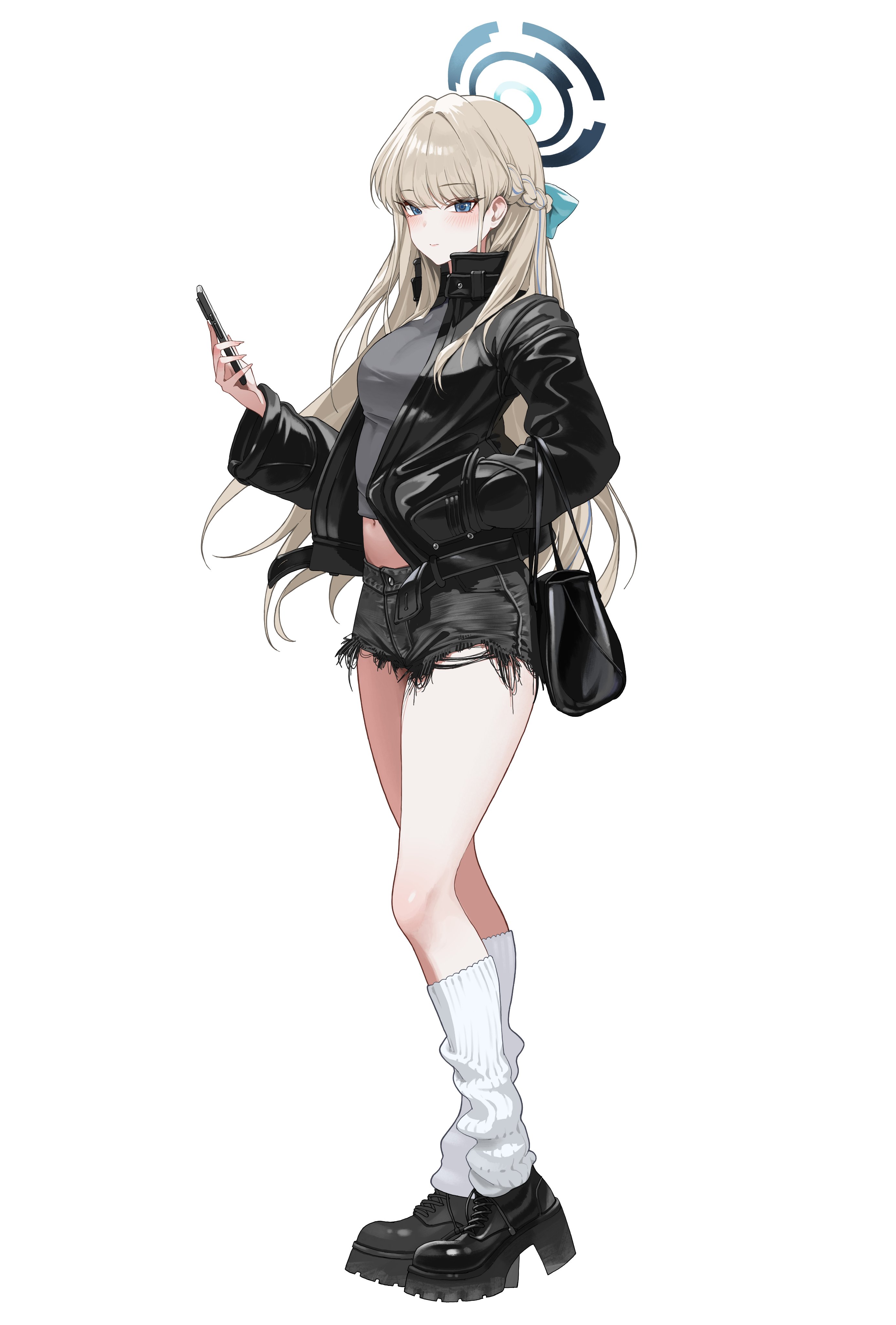 4meart0112, toki (blue archive), blue archive, absurdres, highres, 1girl, alternate costume, bag, black bag, black jacket, black shoes, black shorts, blonde hair, blue bow, blue eyes, blue halo, blush, bow, braid, breasts, cellphone, closed mouth, cropped shirt, from side, grey shirt, hair bow, half up braid, halo, hand in pocket, high heels, holding, holding bag, holding phone, jacket, large breasts, leather, leather jacket, leg warmers, long hair, looking at viewer, navel, phone, shirt, shoes, short shorts, shorts, smartphone, smile, solo, white leg warmers
