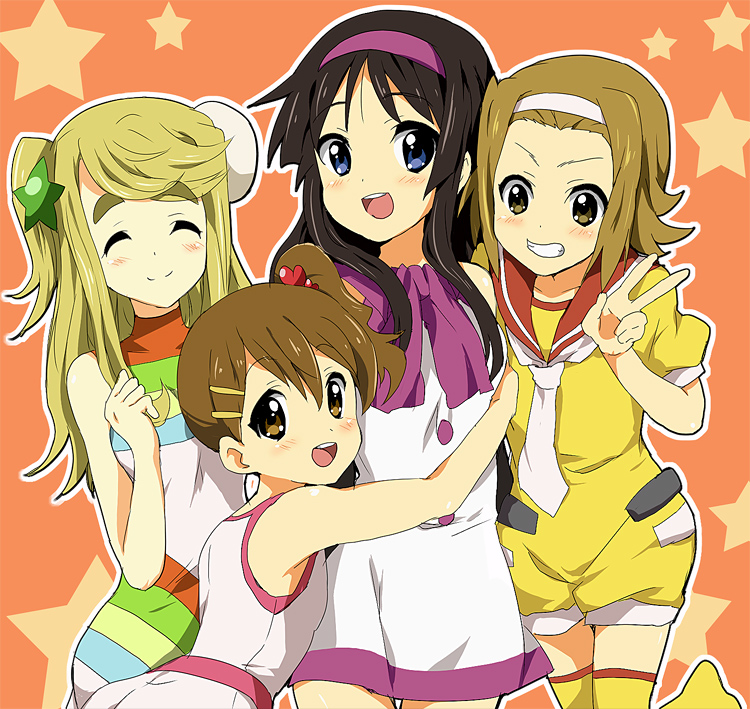 maruki (punchiki), akiyama mio, hirasawa yui, kotobuki tsumugi, tainaka ritsu, fuwafuwa time, k-on!, bad id, bad pixiv id, 00s, 4girls, black hair, blonde hair, blue eyes, brown eyes, brown hair, closed eyes, dress, dress-up, grin, hair ornament, hairband, hairpin, headband, ho-kago tea time, mod fashion, multiple girls, pinafore dress, sailor collar, side ponytail, sleeveless, sleeveless dress, smile, star (symbol), thighhighs, tomboy, v