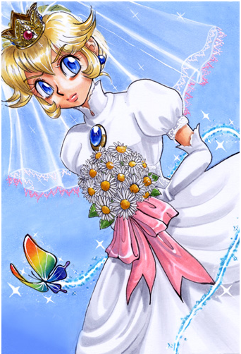 princess peach, mario (series), nintendo, super mario bros. 1, 1girl, blonde hair, blue eyes, bridal veil, bug, butterfly, crown, dress, earrings, elbow gloves, female focus, flower, gloves, insect, jewelry, solo, veil, wedding dress
