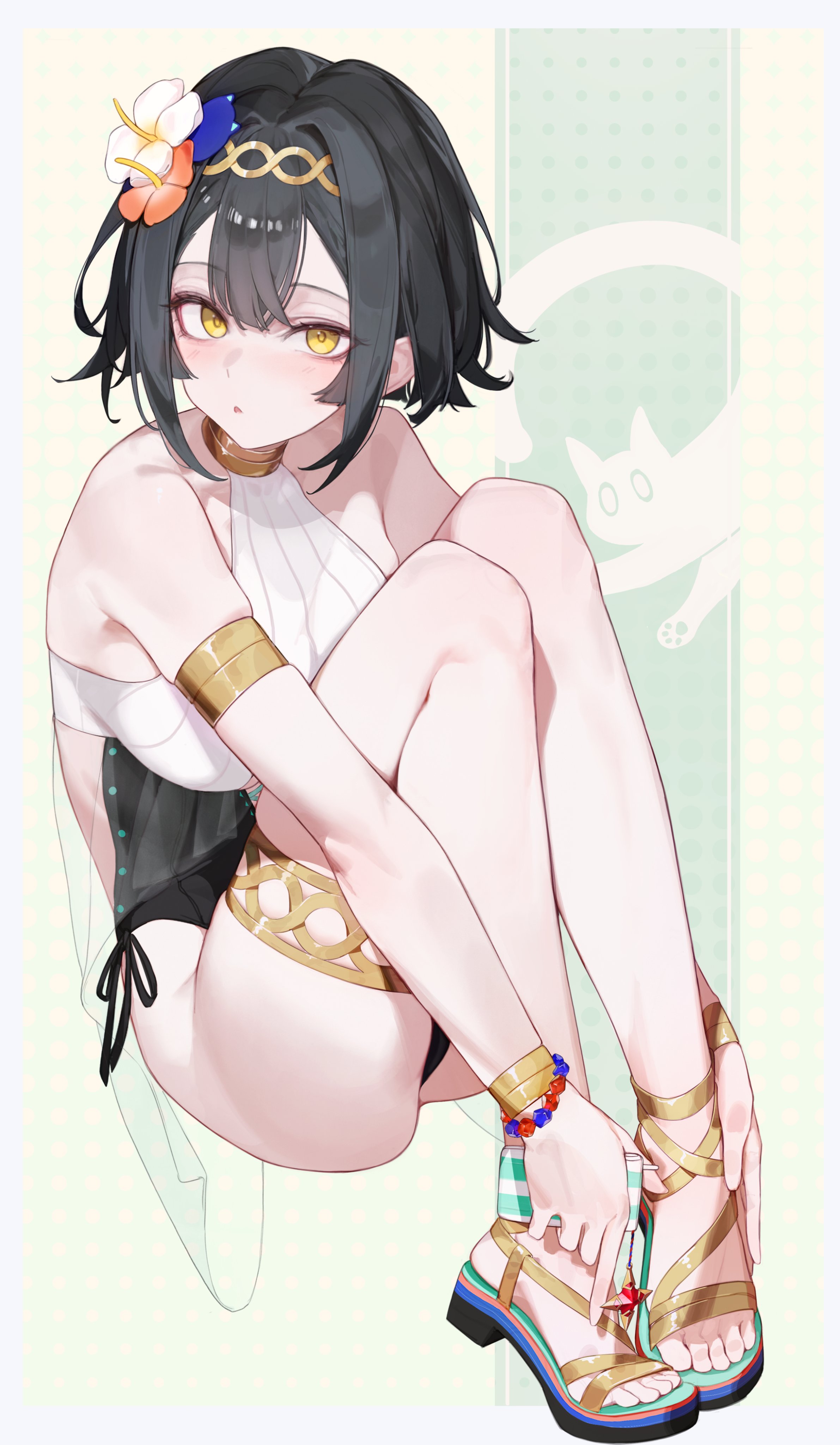 gjz1227, amber (stella sora), stella sora, gold armlet, absurdres, highres, 1girl, armlet, black hair, breasts, flower, hair flower, hair ornament, jewelry, large breasts, legband, looking at viewer, official alternate costume, open-toe shoes, open mouth, platform sandals, sandals, short hair, swimsuit, yellow eyes