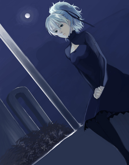 kusumori shiba, yin (darker than black), darker than black, silver hair, bad id, bad pixiv id, 00s, 1girl, bow, dark, dress, female focus, hair bow, long hair, moon, night, night sky, outdoors, pantyhose, ponytail, ribbon, sitting, sky, solo