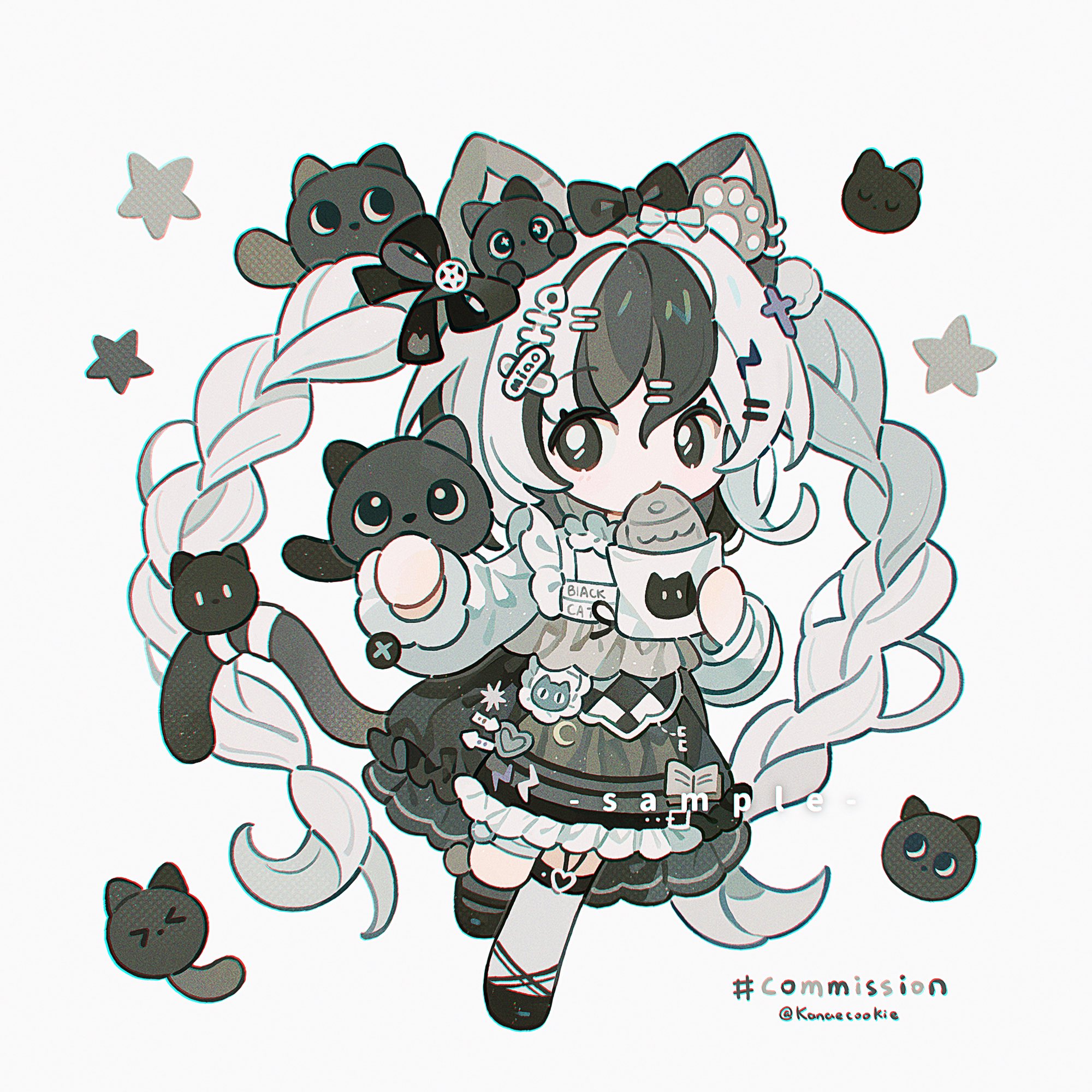 kanae (cookie), original, commission, highres, 1girl, animal ears, black bow, black eyes, black hair, black shoes, black skirt, bow, cat, cat ears, cat girl, cat tail, chibi, chibi only, closed mouth, eating, food, frilled skirt, frills, full body, hair bow, holding, holding food, long hair, long sleeves, looking at viewer, multicolored hair, shirt, shoes, simple background, single thighhigh, skirt, solo, standing, standing on one leg, star (symbol), tail, taiyaki, thighhighs, twintails, twitter username, two-tone hair, wagashi, white background, white hair, white shirt, white thighhighs