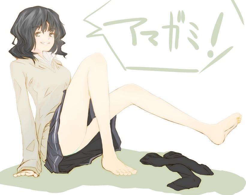 nishiuri warito, tanamachi kaoru, amagami, bad id, bad pixiv id, 1girl, barefoot, black hair, feet, female focus, full body, legs, simple background, sitting, skirt, smile, solo, sweater, upskirt