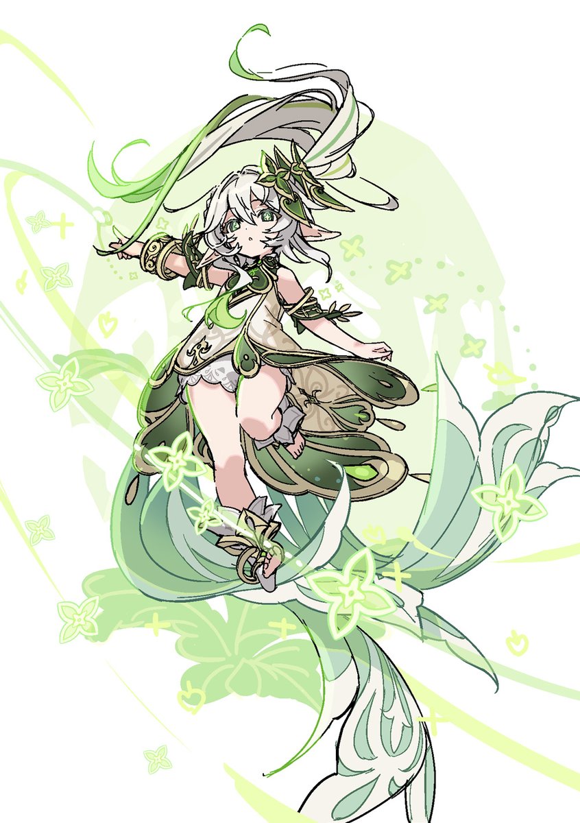 munya (pic), nahida (genshin impact), genshin impact, highres, 1girl, green eyes, midair, pointy ears, star-shaped pupils, star (symbol), symbol-shaped pupils, toeless legwear, white hair