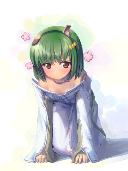 takoyaki (roast), azami cricket, toushin toshi, toushin toshi iii, animal ears, green hair, hairband, short hair, single ear down, solo