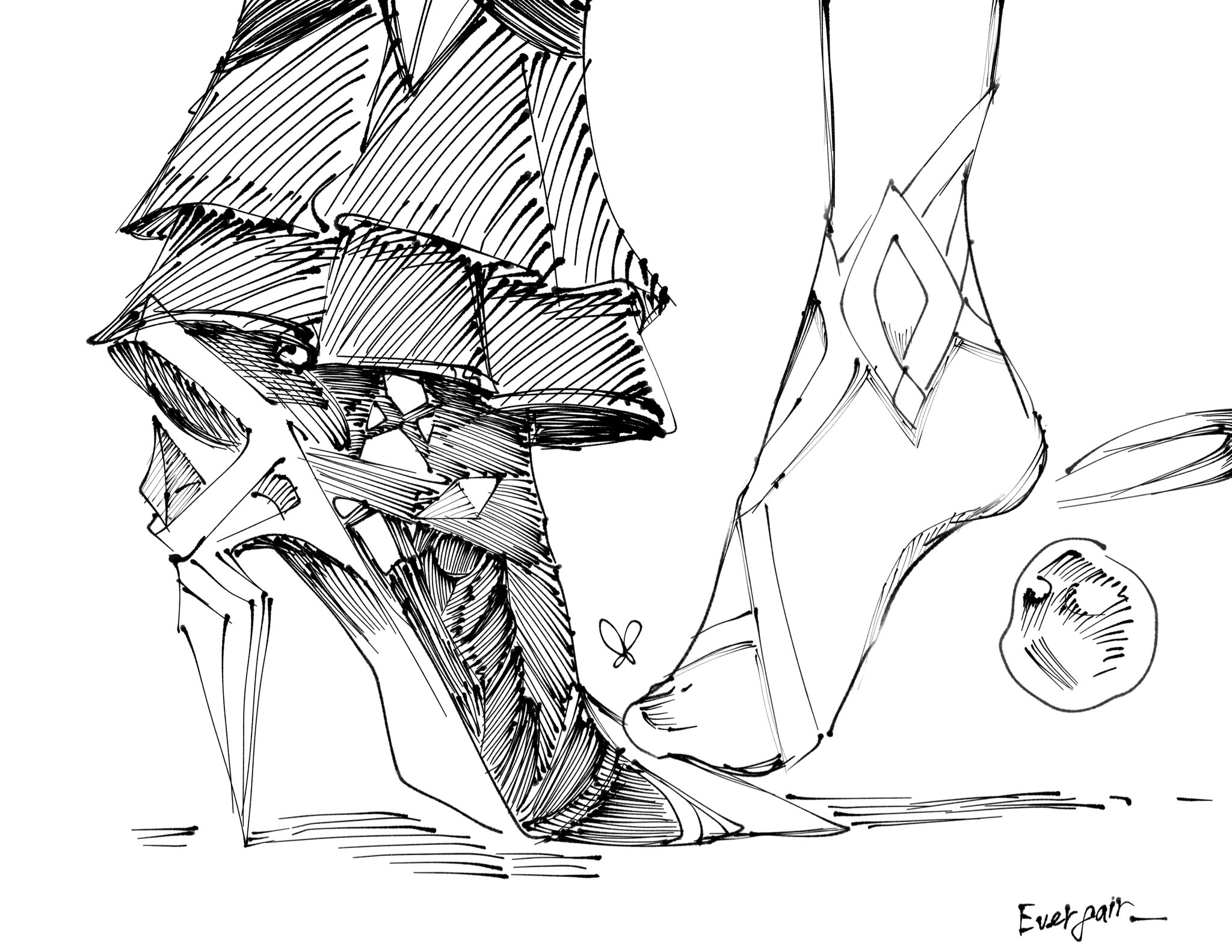 arlecchino (genshin impact), columbina (genshin impact), genshin impact, artist request, 2girls, high heels, monochrome, multiple girls, no shoes, tiptoes, yuri