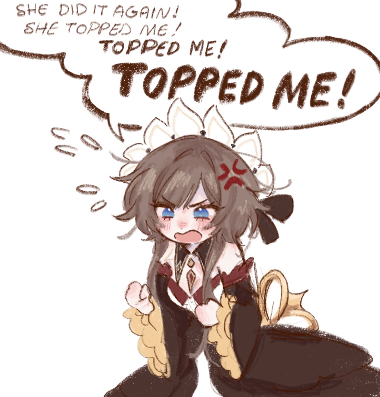 sandrone (genshin impact), genshin impact, artist request, 1girl, annoyed, blue eyes, english text, solo, white background, yuri